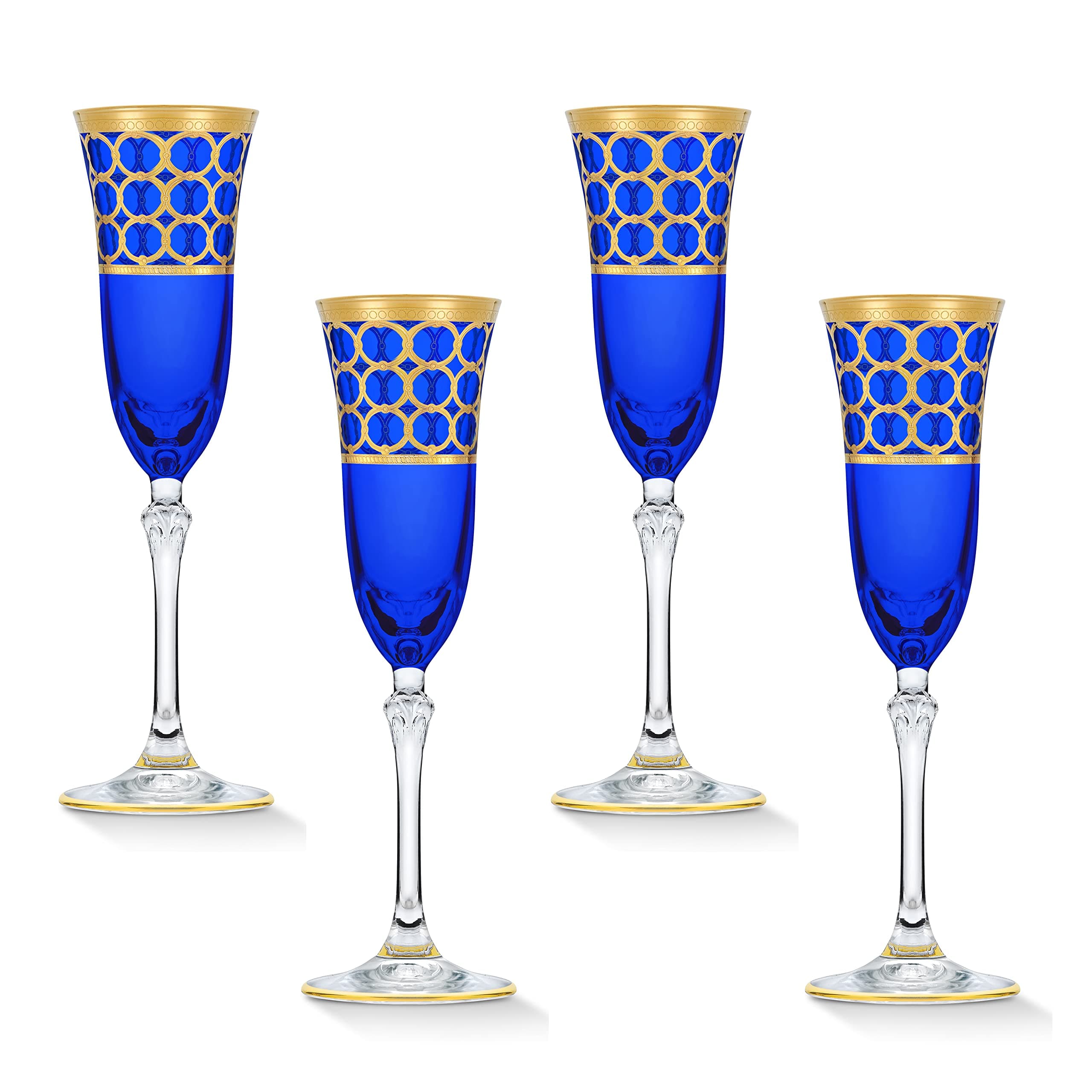 Lorren Home Trends Cobalt Blue Champagne Flutes with Gold Rings, 4-Piece Set