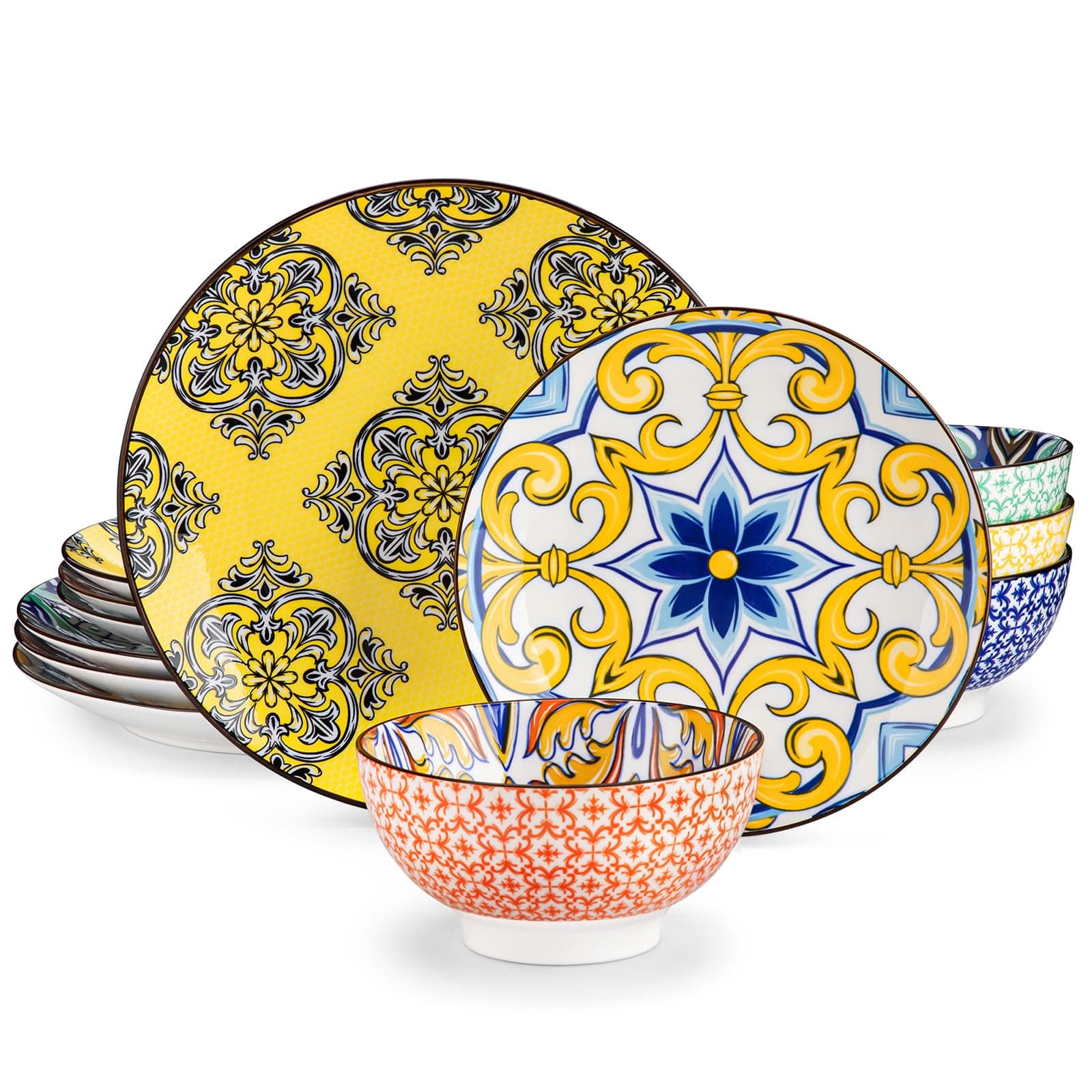 Vancasso Jasmin Hand-Painted Arabic Series Porcelain Dinnerware Set - 12 Piece Bowls and Plates