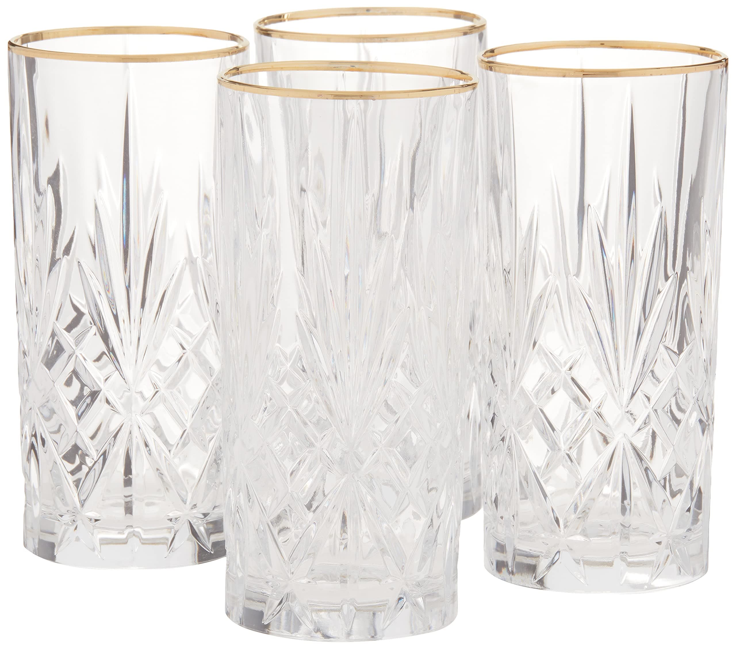 Lorren Home Trends Siena Collection Crystal Water or Ice Tea Glasses, Set of 4, 12 oz, Gold Band Design