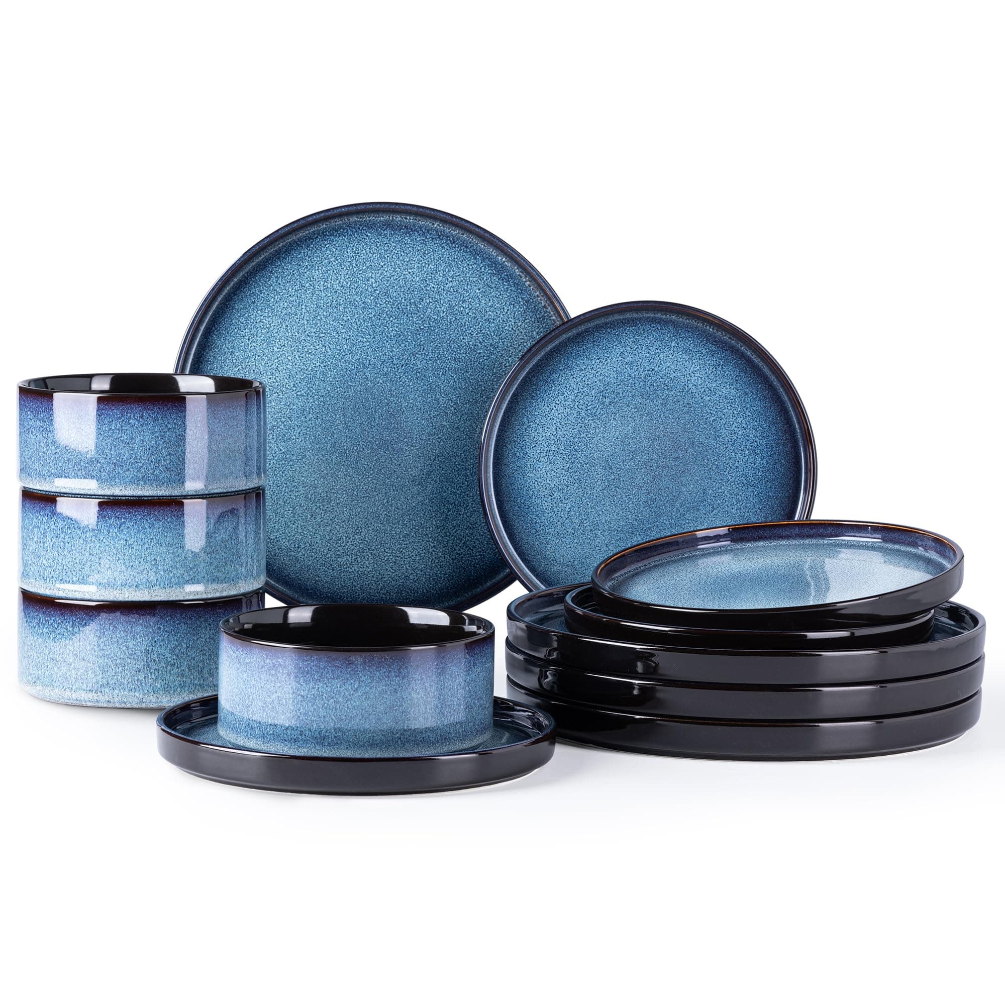 LERATIO Blue Ceramic Dinnerware Set for 4, Round Reactive Glaze Plates & Bowls, Chip & Crack Resistant, Dishwasher & Mic