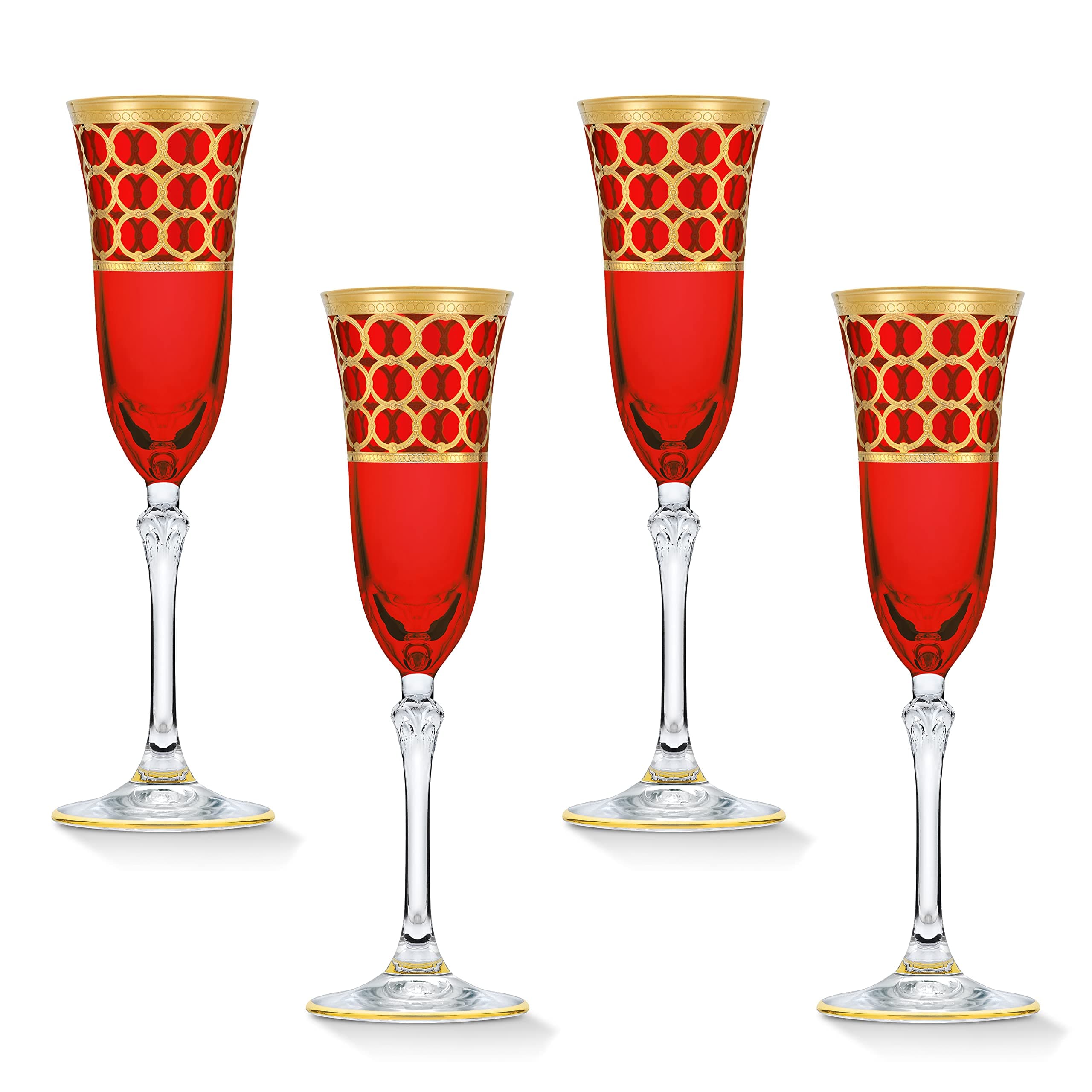 Lorren Home Trends Deep Red Champagne Flutes with Gold Rings, Set of 4