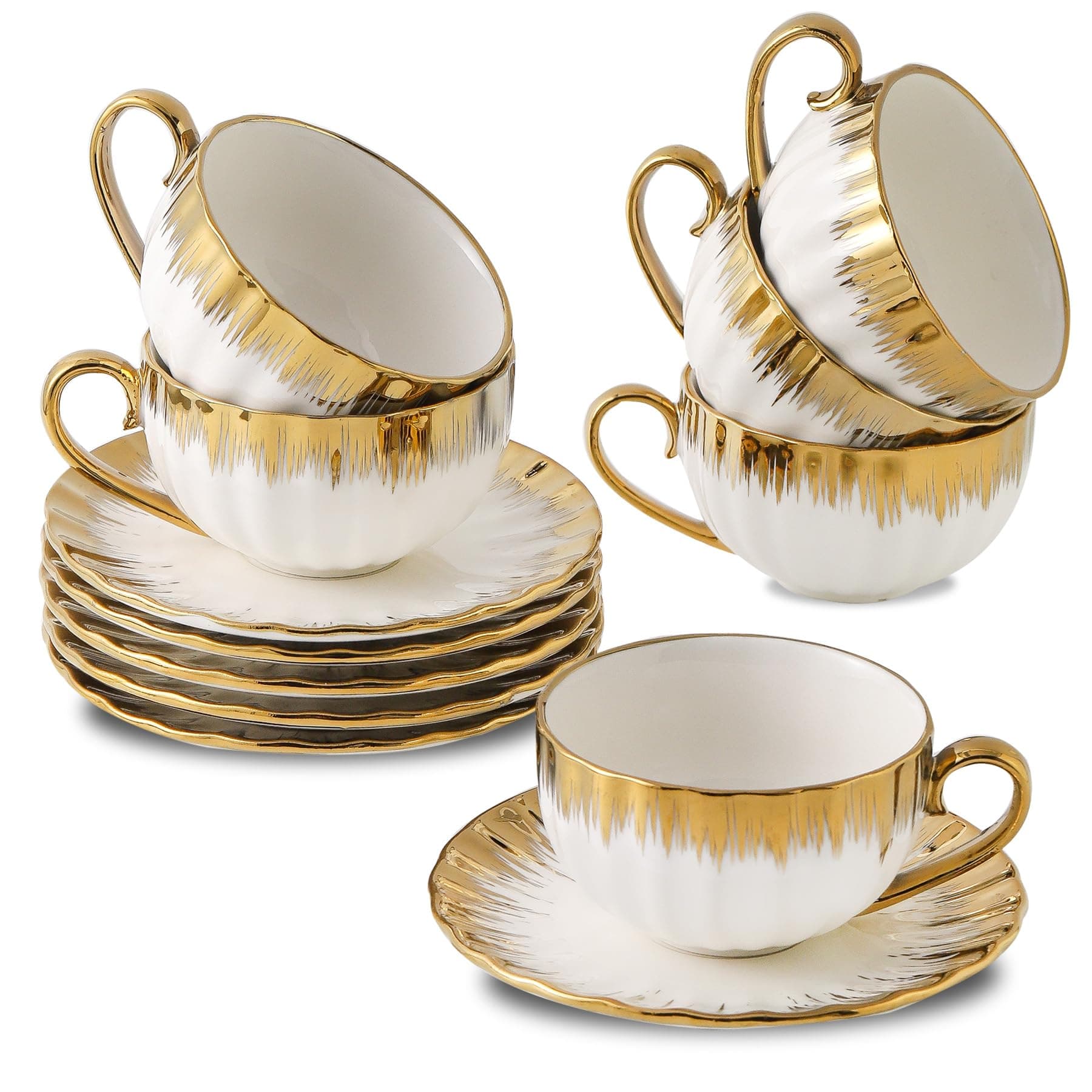 LETAOTAO 7 oz Porcelain Cappuccino Cups Set with Saucers - 6 Tea and Coffee Cups with Gold Trim