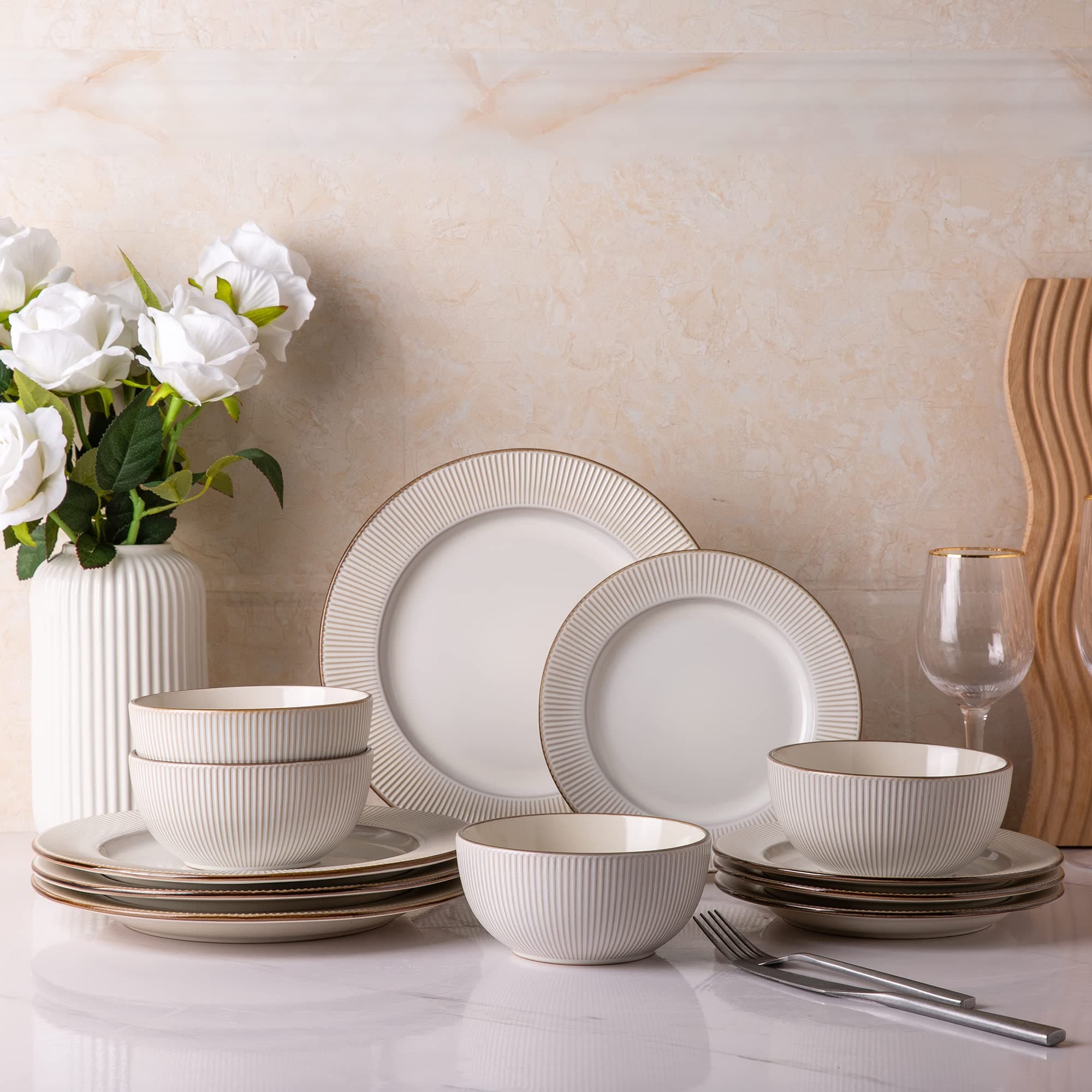 GBHOME Elegant Stoneware Dinnerware Set, 12-Piece Embossed Plates & Bowls | Safe for Dishwasher & Microwave | Ideal Hous