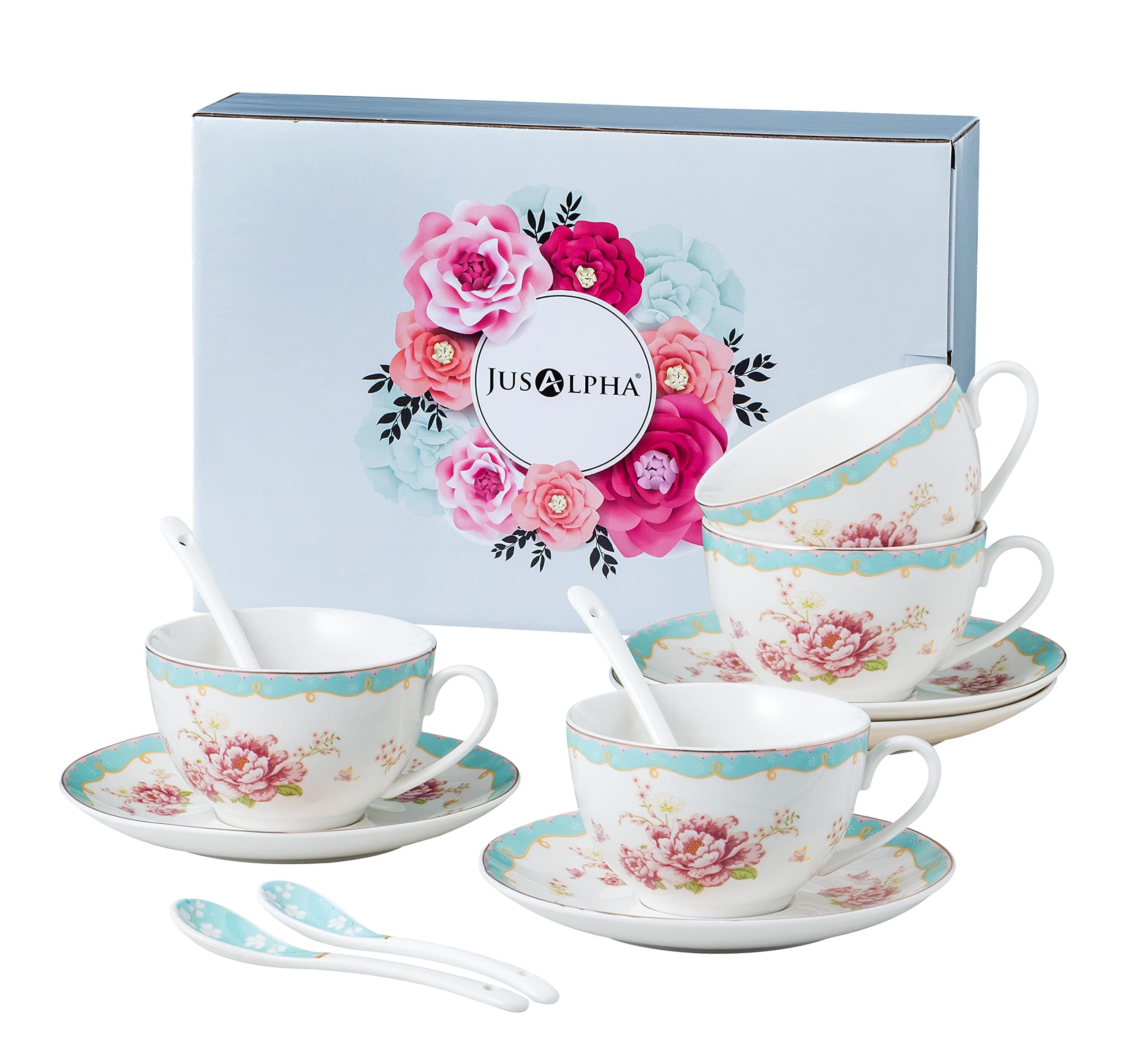 Jusalpha Vintage Rose China Tea Cup/Coffee Set, 7 Oz, Ideal for Afternoon Tea, Gift for Women TCS29