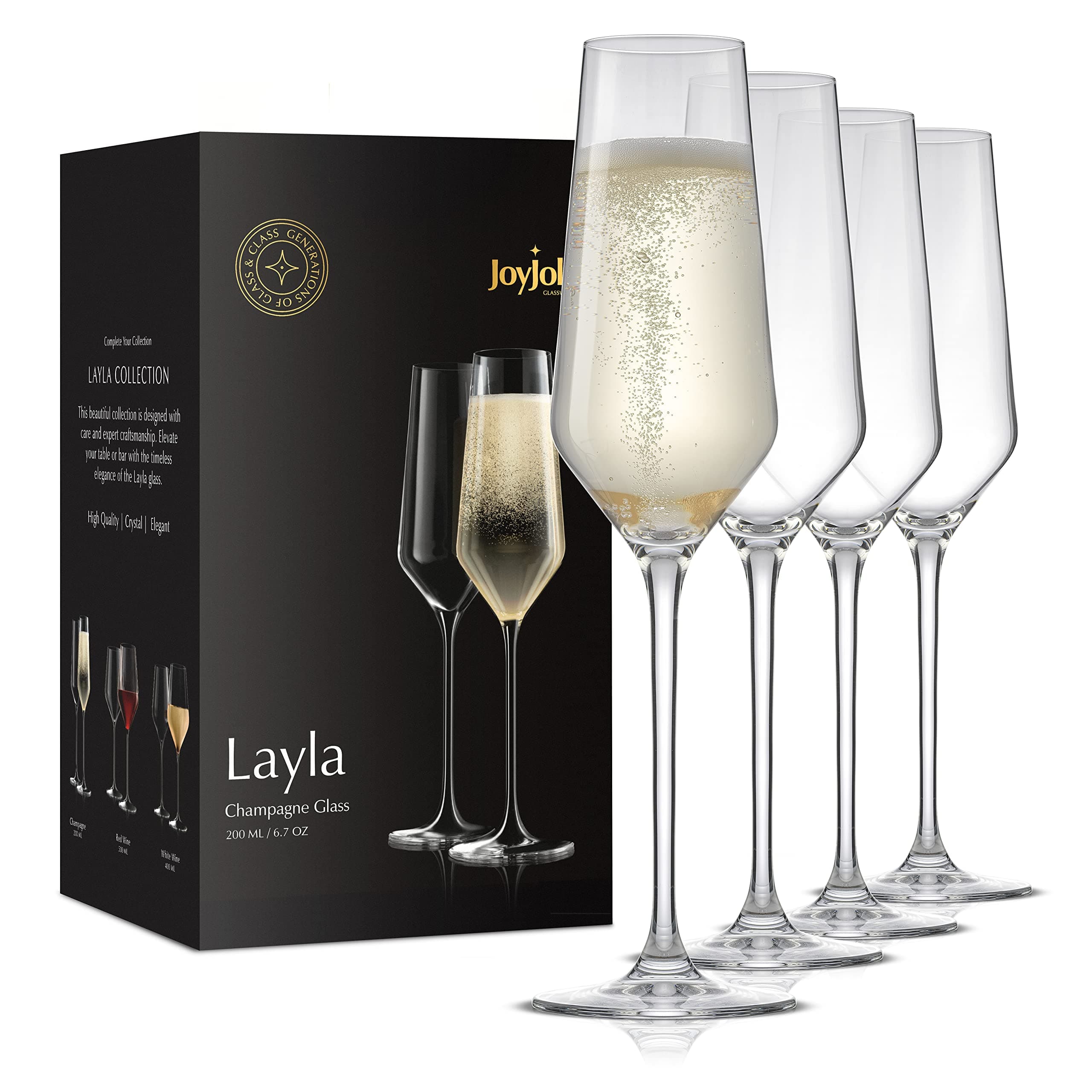 Elegant Crystal Champagne Glasses Set of 4 – Perfect for Home Bar and Special Occasions - 6.7 Ounce Capacity