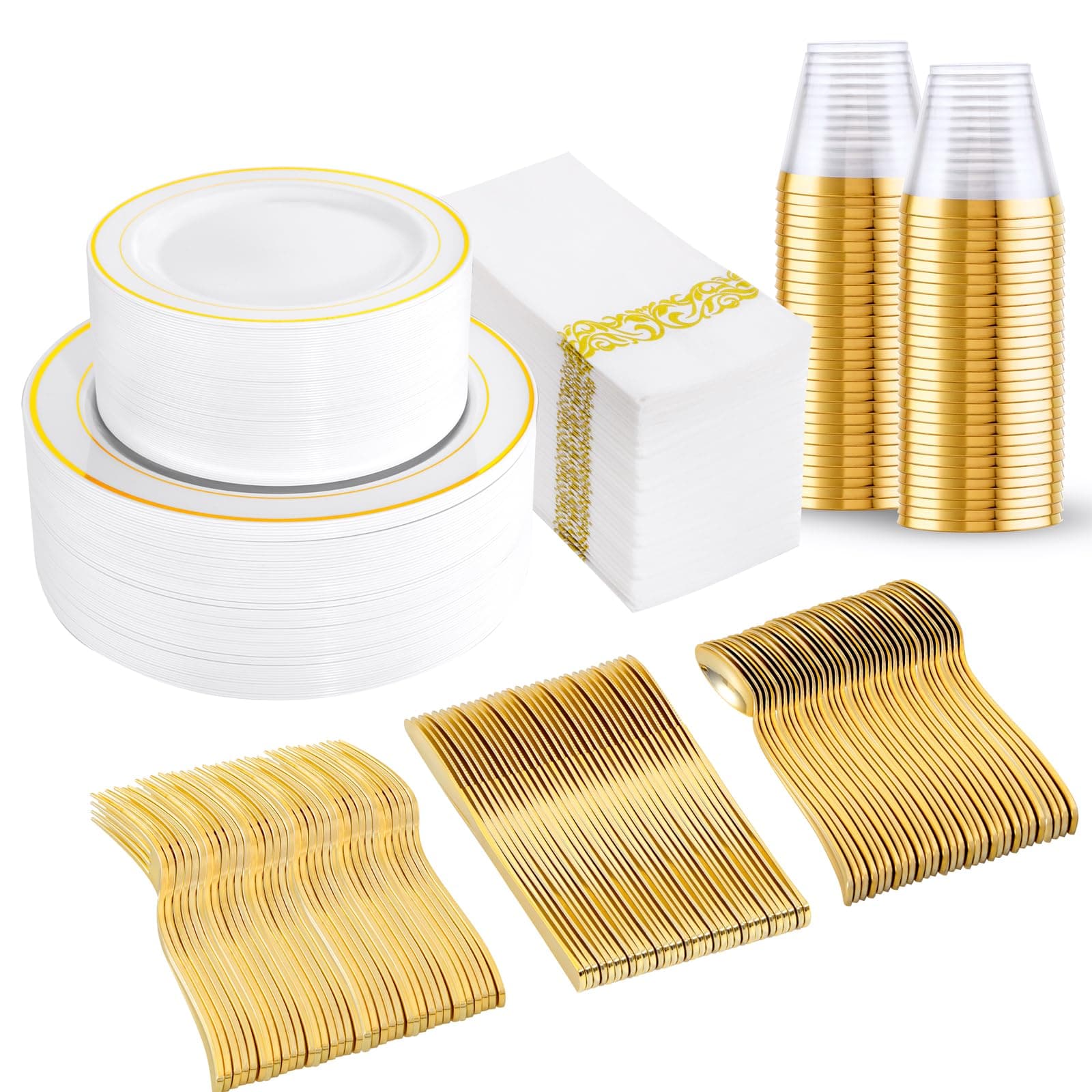 B UCLA 350PCS Gold Plastic Dinnerware Set for 50 Guests Party Supplies