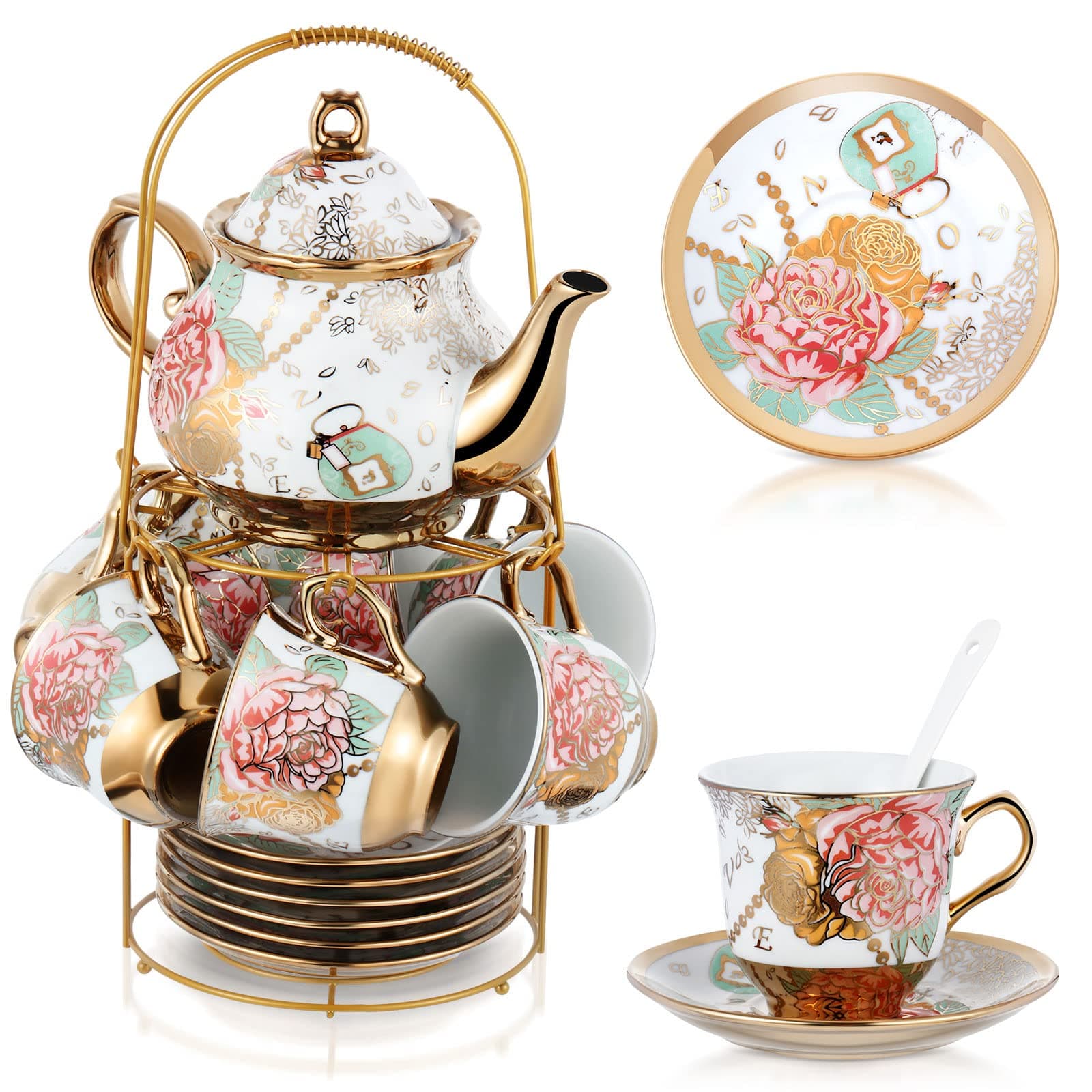 20 Piece Porcelain Tea Set with Metal Holder for Women with Flower Painting, Large Version