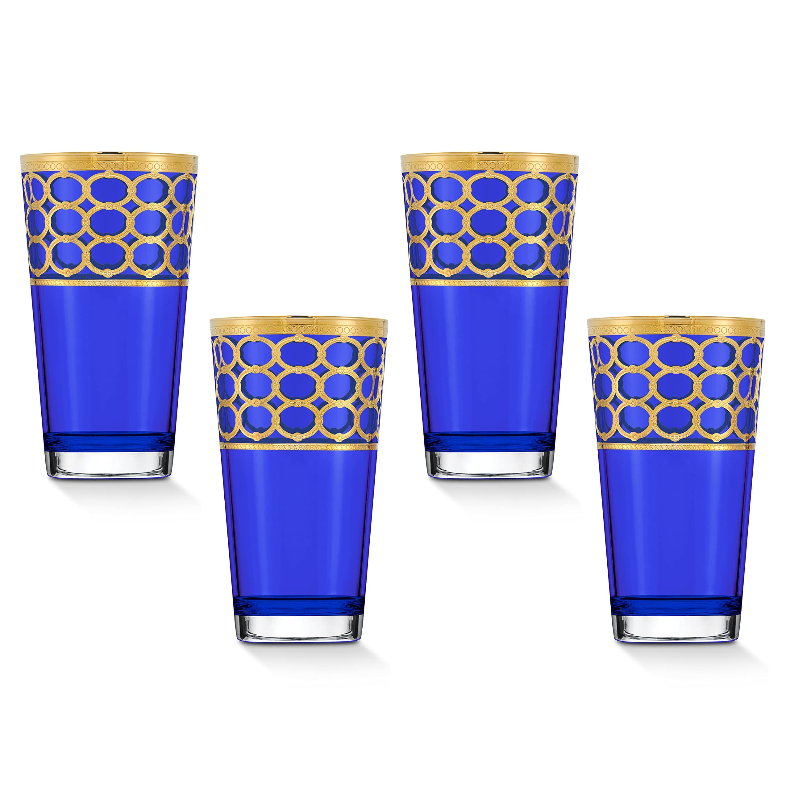 Lorren Home Trends Cobalt Blue High Ball Glasses with Gold Rings, Set of 4
