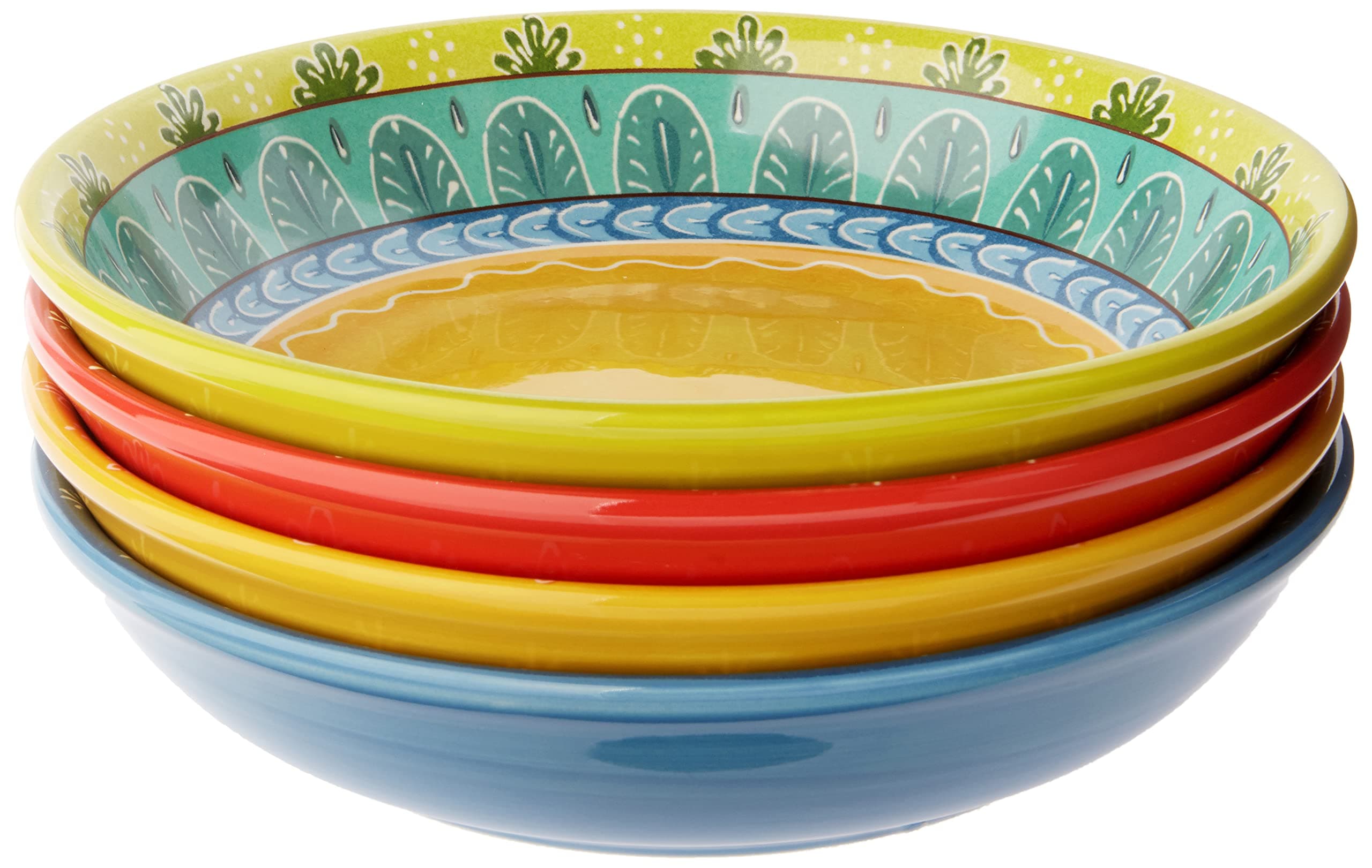 4-Piece Valencia Soup and Pasta Bowls Set, 38 oz, Multicolor Ceramic, Hand-Painted Inspired Patterns, Microwave Safe