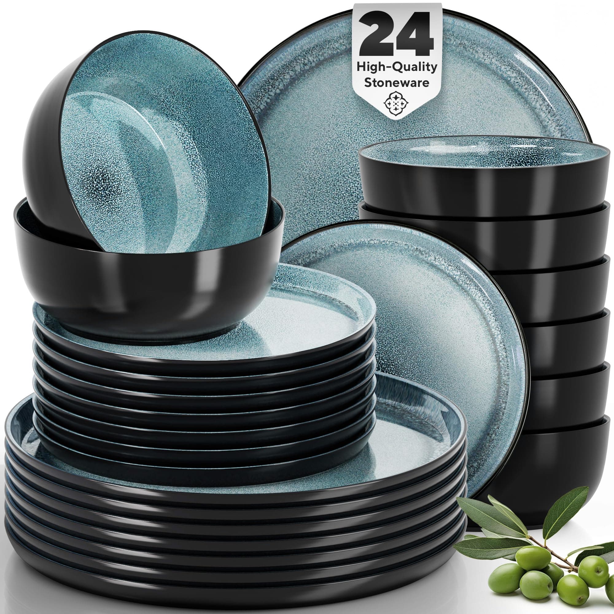 Modern Black and Petrol Blue Stoneware Dinnerware Set - 24 Piece for 8