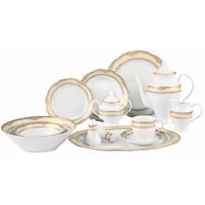 Lorren Home Trends 57-Piece Wavy Edge Gold Border Dinnerware Set