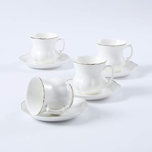 GuangYang White Cappuccino Tea Cups & Saucers, 7oz, Set of 4, Gift Box