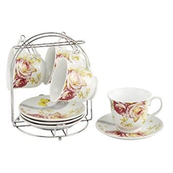 Elegant Pink Floral Coffee Cups on Metal Stand (Set of 4)
