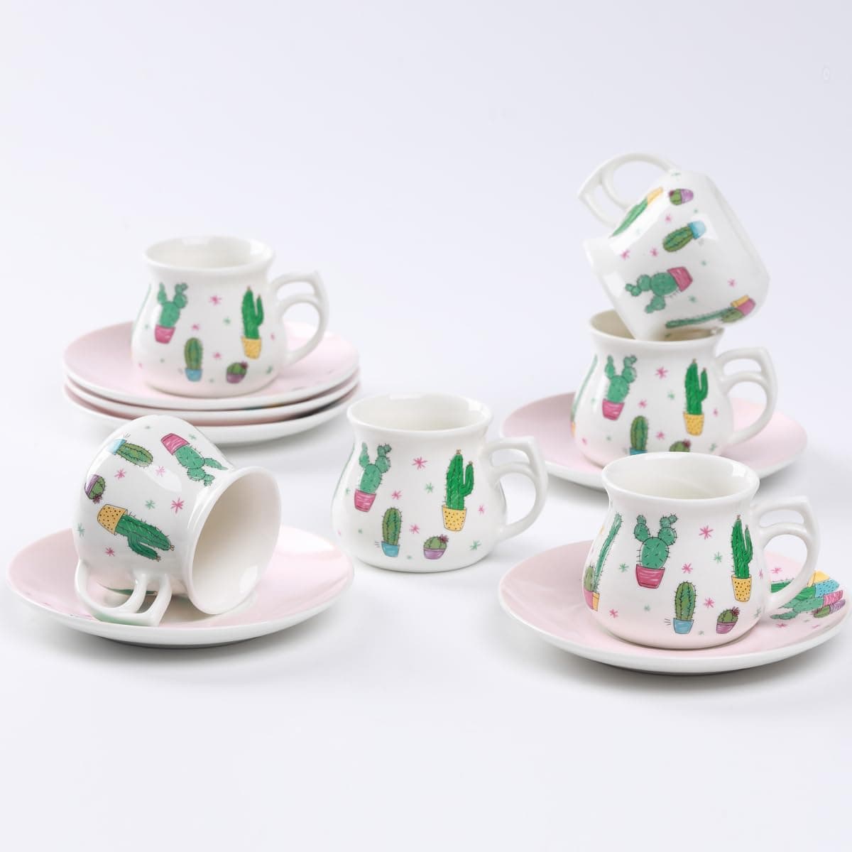 GuangYang Porcelain Espresso Cups & Saucers, 2.5 Ounce, Cactus Pattern, Set of 6