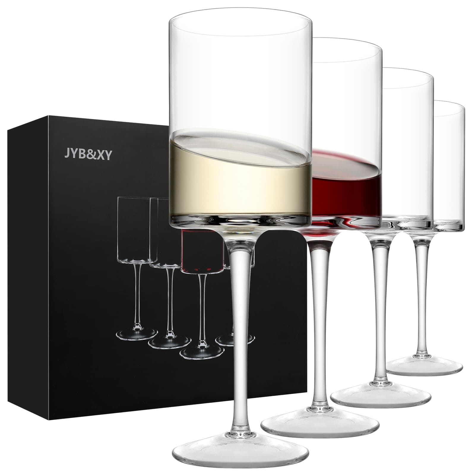 Premium Crystal Wine Glasses - Hand Blown, Long Stem, Square Design - Set of 4, 15oz