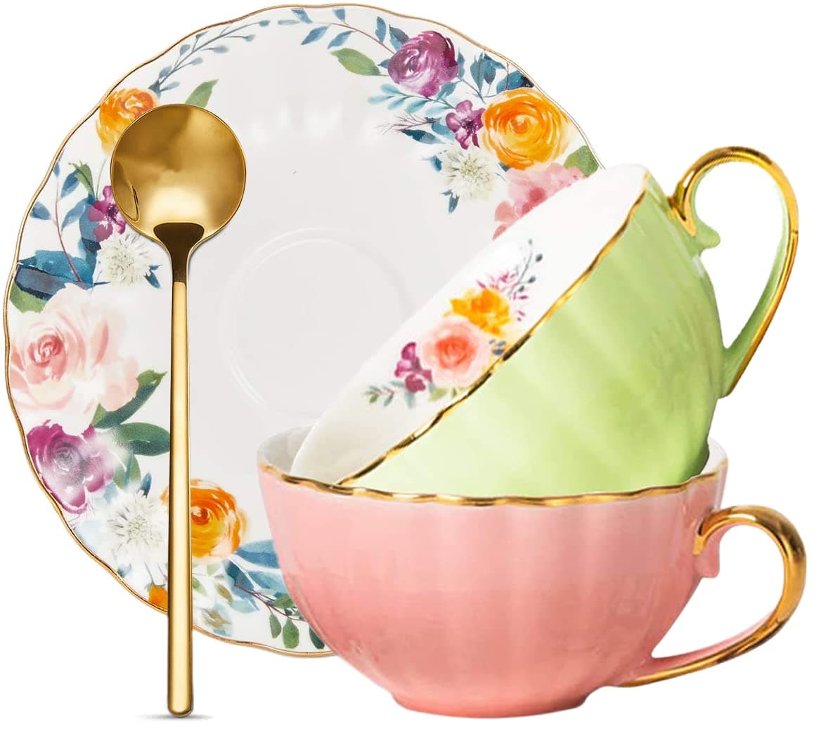 ONEUSTAR 8 Oz Bone China Tea Cup and Saucer Set for Mom Birthday Party Gifts