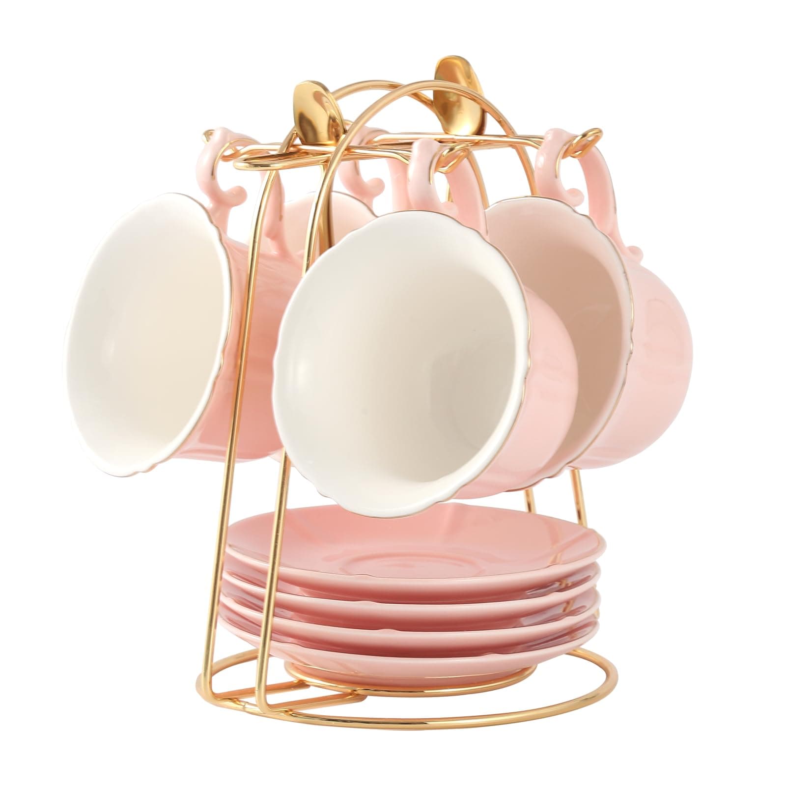 DUJUST Pink Tea Cup Set with Saucers (Set of 4) - 8 oz Porcelain with Gold Trim and Metal Stand