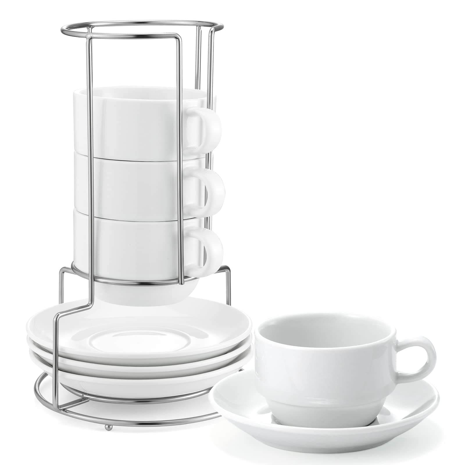 Yedio Porcelain 4 oz Espresso Cups & Saucers, White Stackable Set of 4 with Metal Stand
