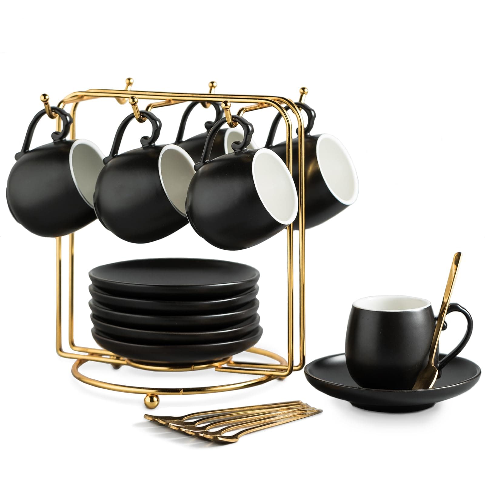 LYEOBOH Black Ceramic Espresso Cup Set with Spoons & Stand, 3 oz Demitasse Mugs