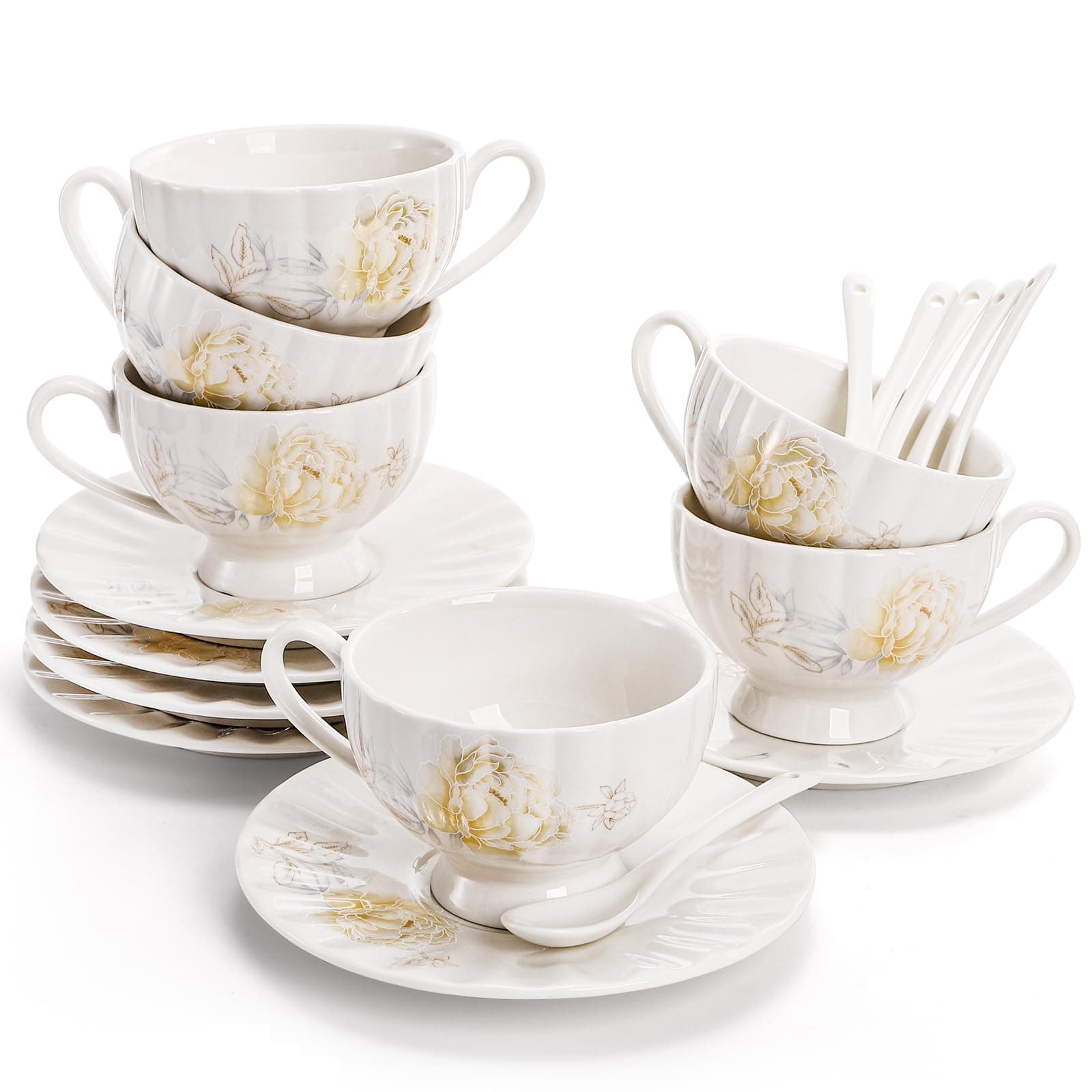 Floral Tea Cups and Saucers Set of 6, White Porcelain, Microwave Safe
