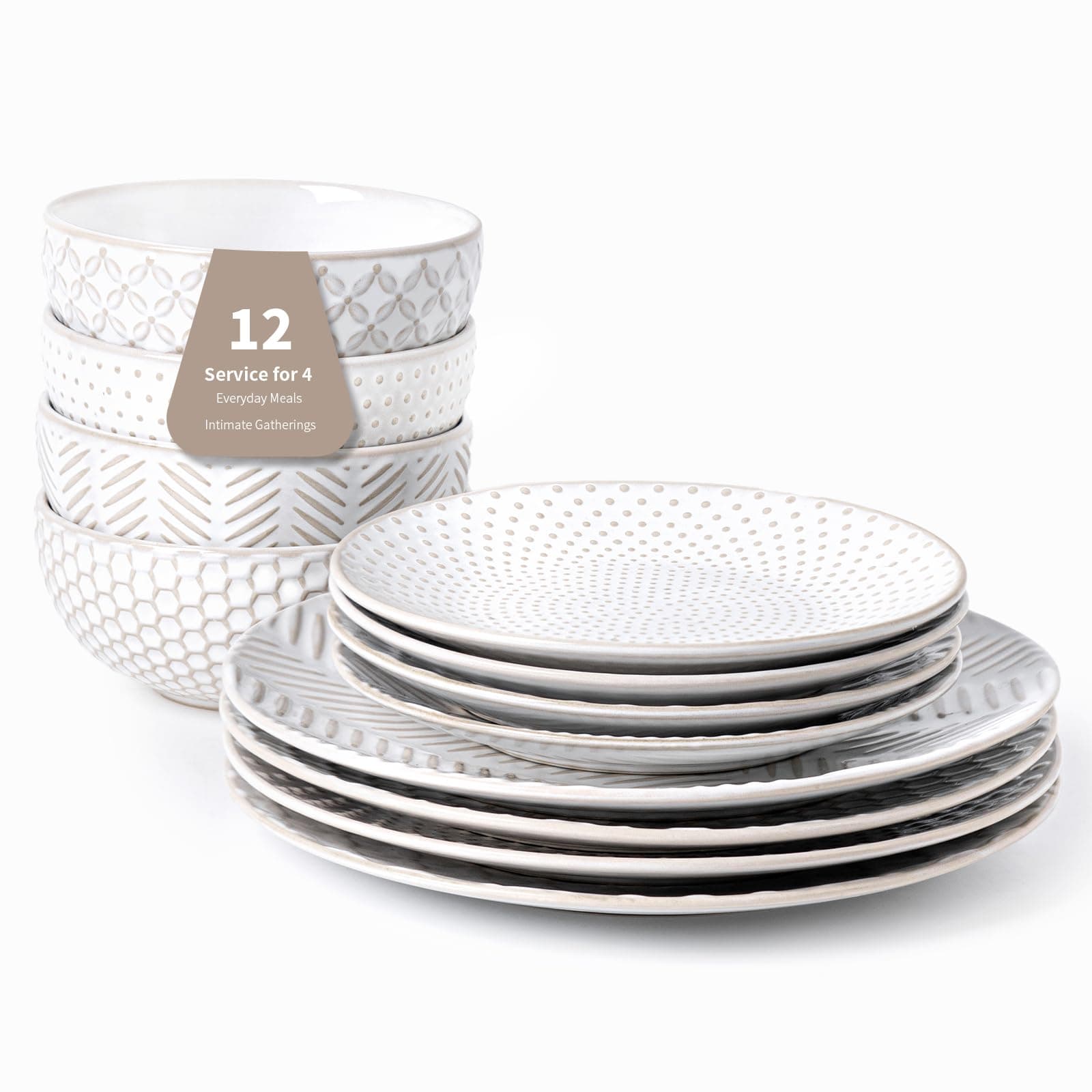 12-Piece Elegant Stoneware Dinnerware Set for 4, Microwave & Dishwasher Safe