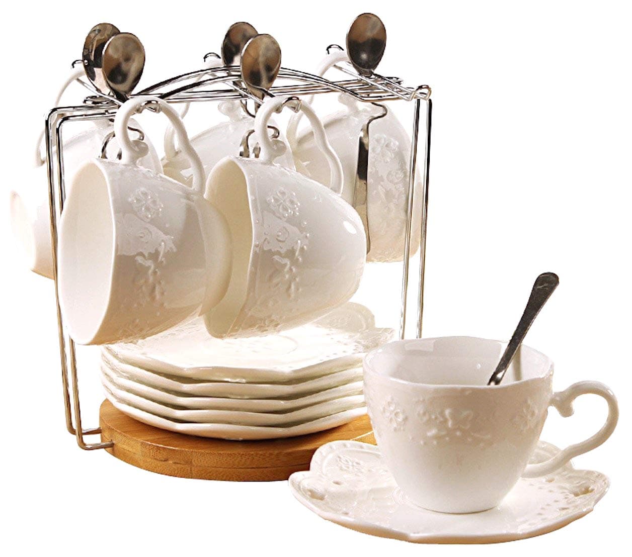 Jusalpha White Porcelain 5OZ Tea Cup and Saucer Set, Set of 6