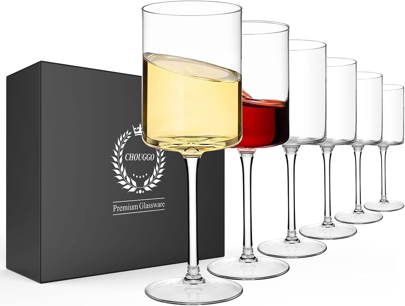 Chouggo Square Crystal Wine Glasses Set of 6 - Hand Blown Red or White 11.4Oz - Gifts for Special Occasions