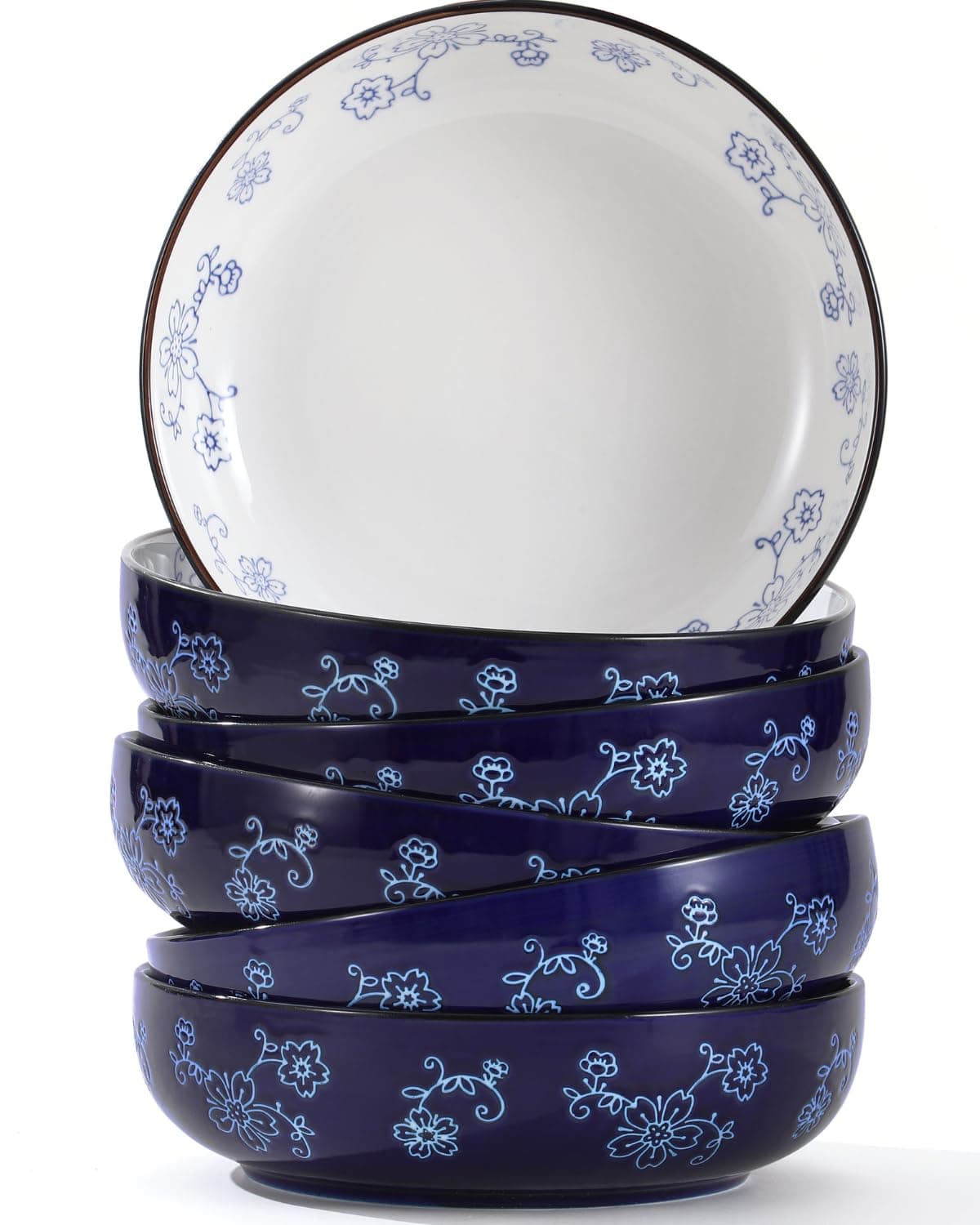 Sakura Floral Series Midnight Blue Porcelain Pasta Bowls Set of 6 - 40 Oz, Large Colorful Salad Pasta Bowls