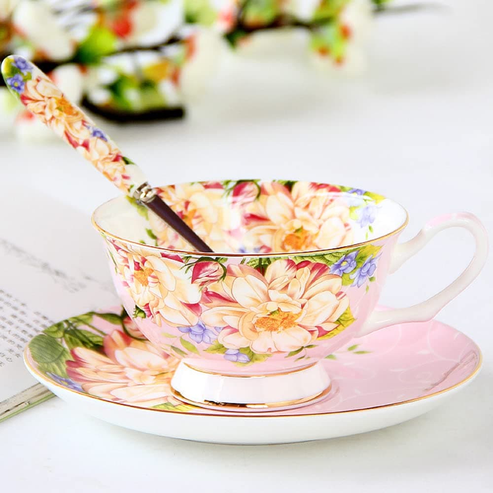 ONEUSTAR Pink Vintage Floral Bone China Tea Cup and Saucer Set