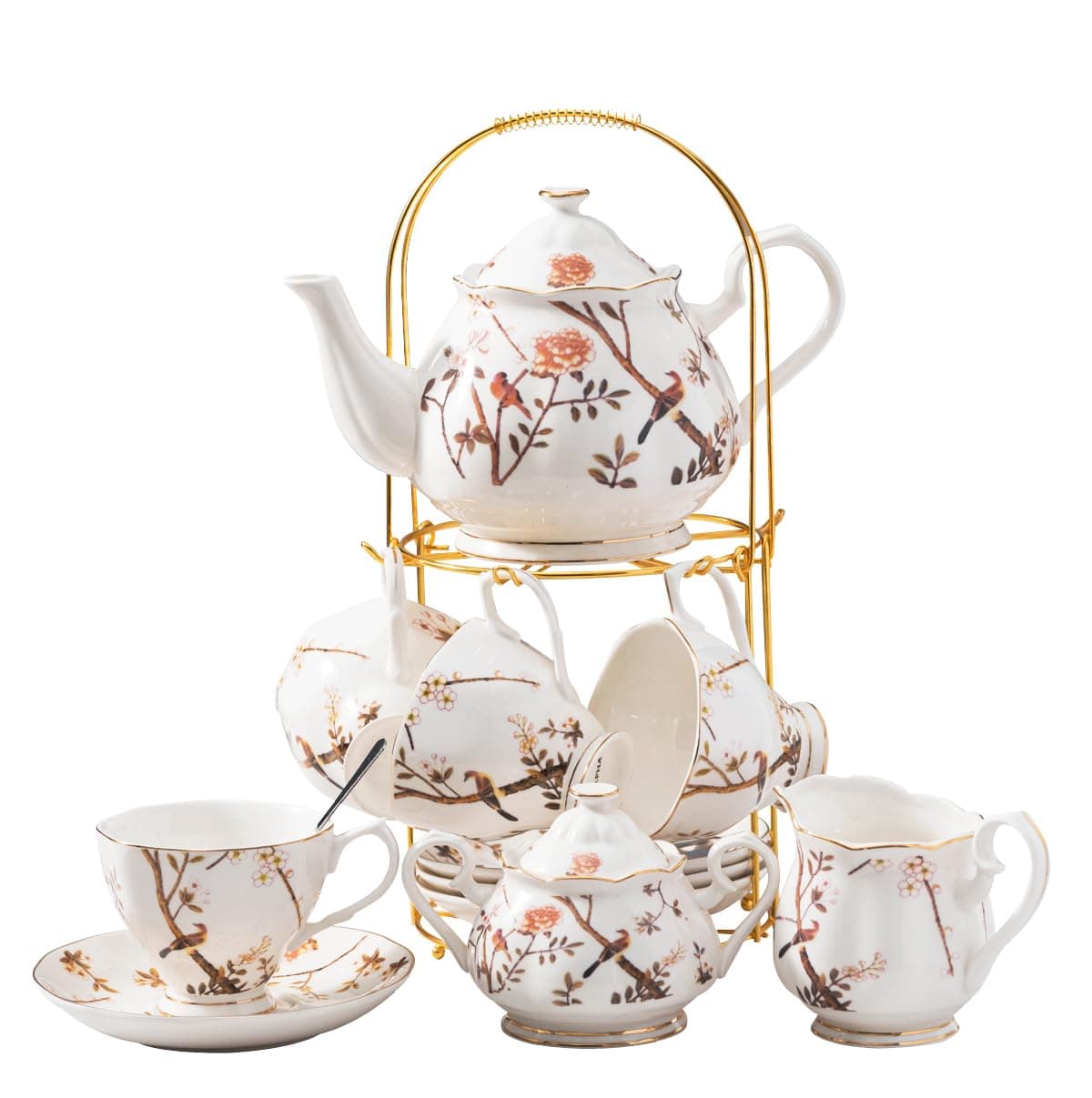 Jusalpha Fine China Bird Tree Pattern 4-Piece Coffee/Tea Set with Teapot, Sugar Bowl, Cream Pitcher & Teaspoons