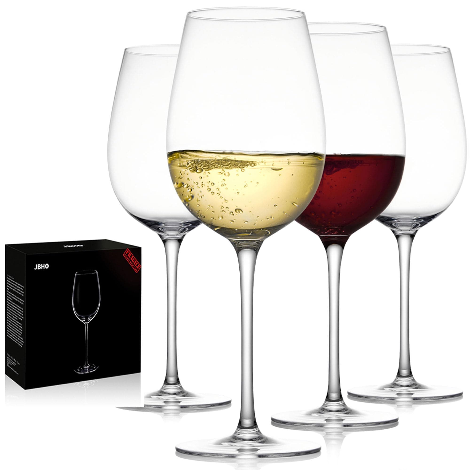 JBHO Italian Style Lead-Free Clear Crystal Wine Glasses - Set of 4, 18 oz - Gift Packaged