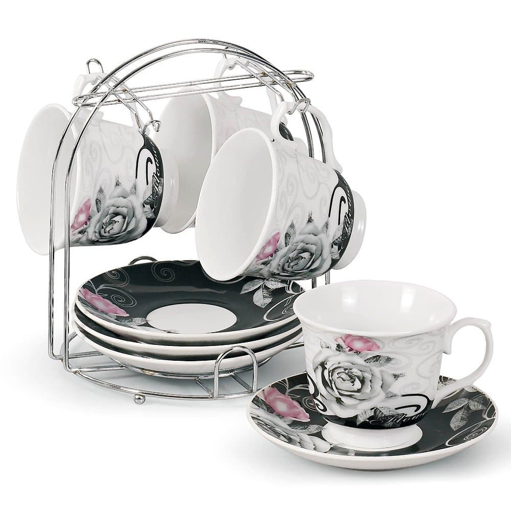 Lorren Home Trends 5-Piece Tea/Coffee Set, Black Rose Design