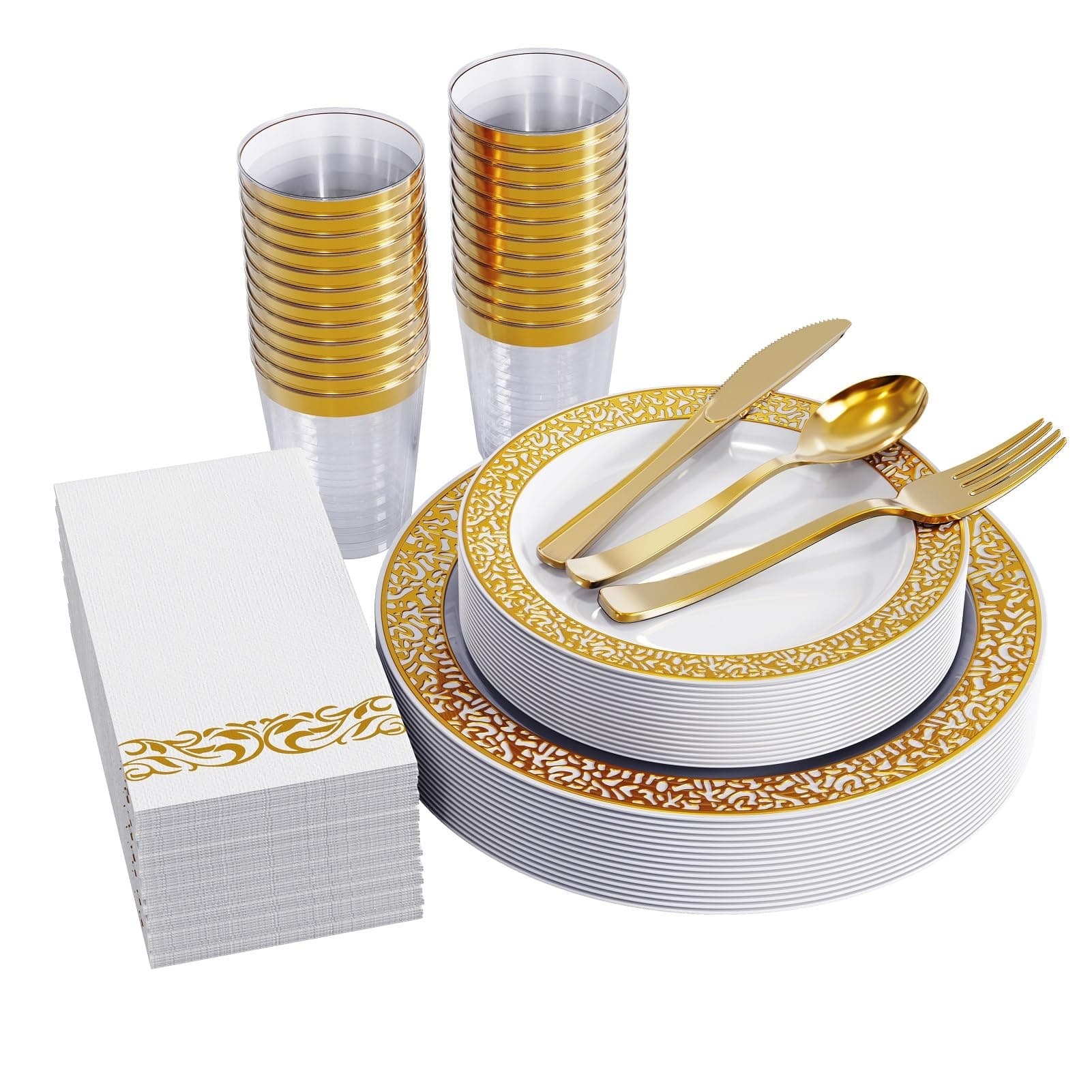 FOCUSLINE 175 Gold Dinnerware Set for 25 Guests: White Plastic Plates with Gold Lace Trim, Includes Dinner Plates, Dessert Plates, Silverware, Cups, and Napkins