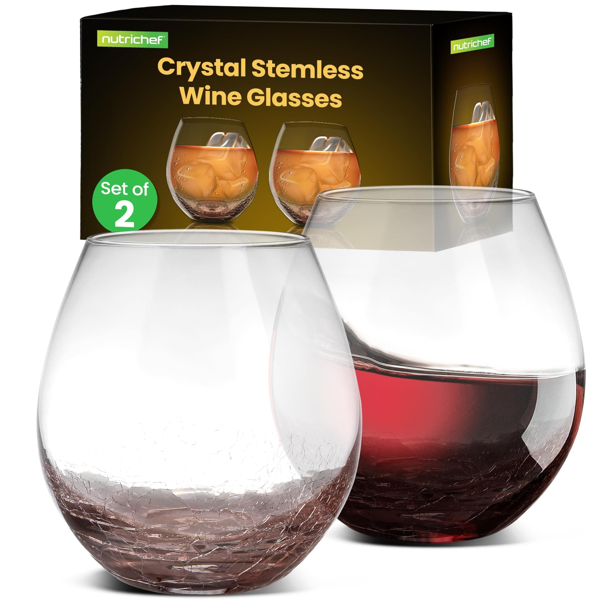 NutriChef Stemless 8oz Wine Glasses, Hand Blown for Home & Bar, Dishwasher Safe, Gift Set