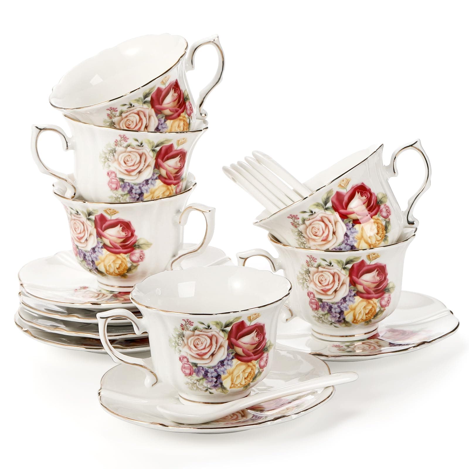 Vintage Rose Tea Cups and Saucers Set, 8 OZ Ceramic with Gold Trim for Tea Party