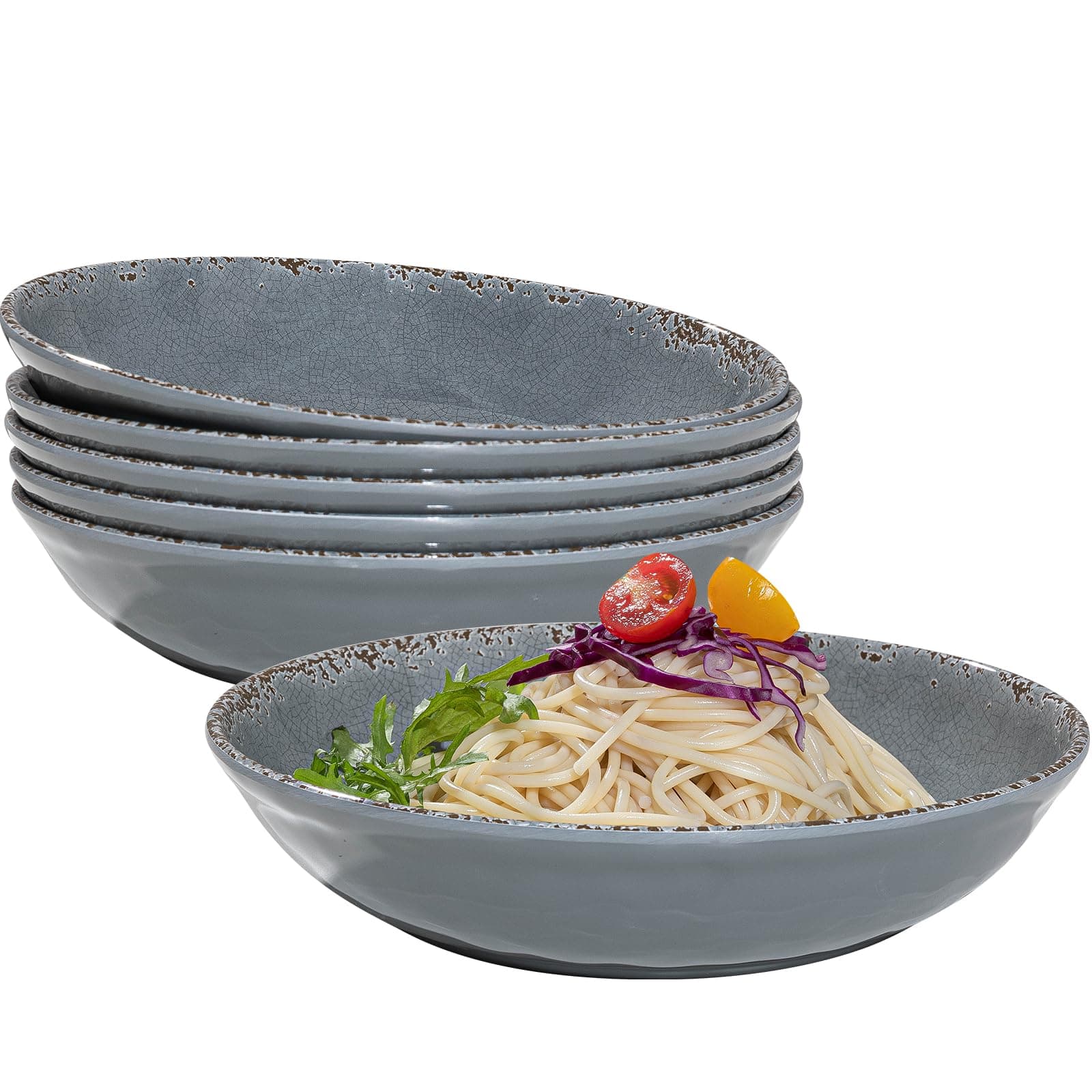 Vintage Cool Grey Melamine 9.25 Inch Bowls Set, 6 Piece Mealware