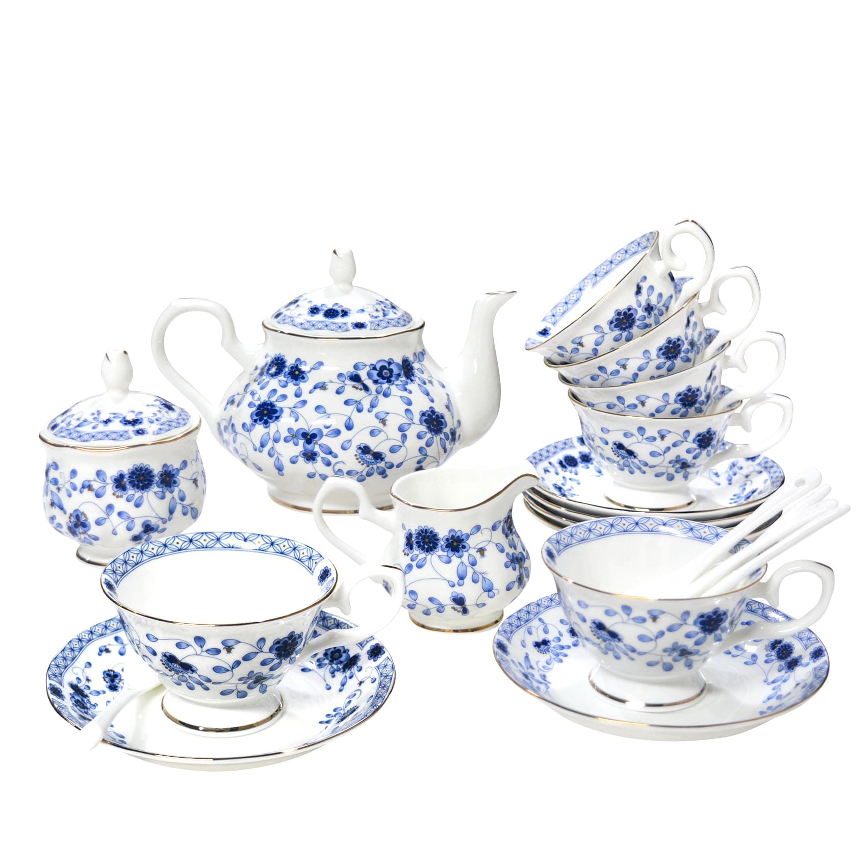 Vintage Bone China Tea Set, 21-Piece Porcelain Set for Adults (Blue)
