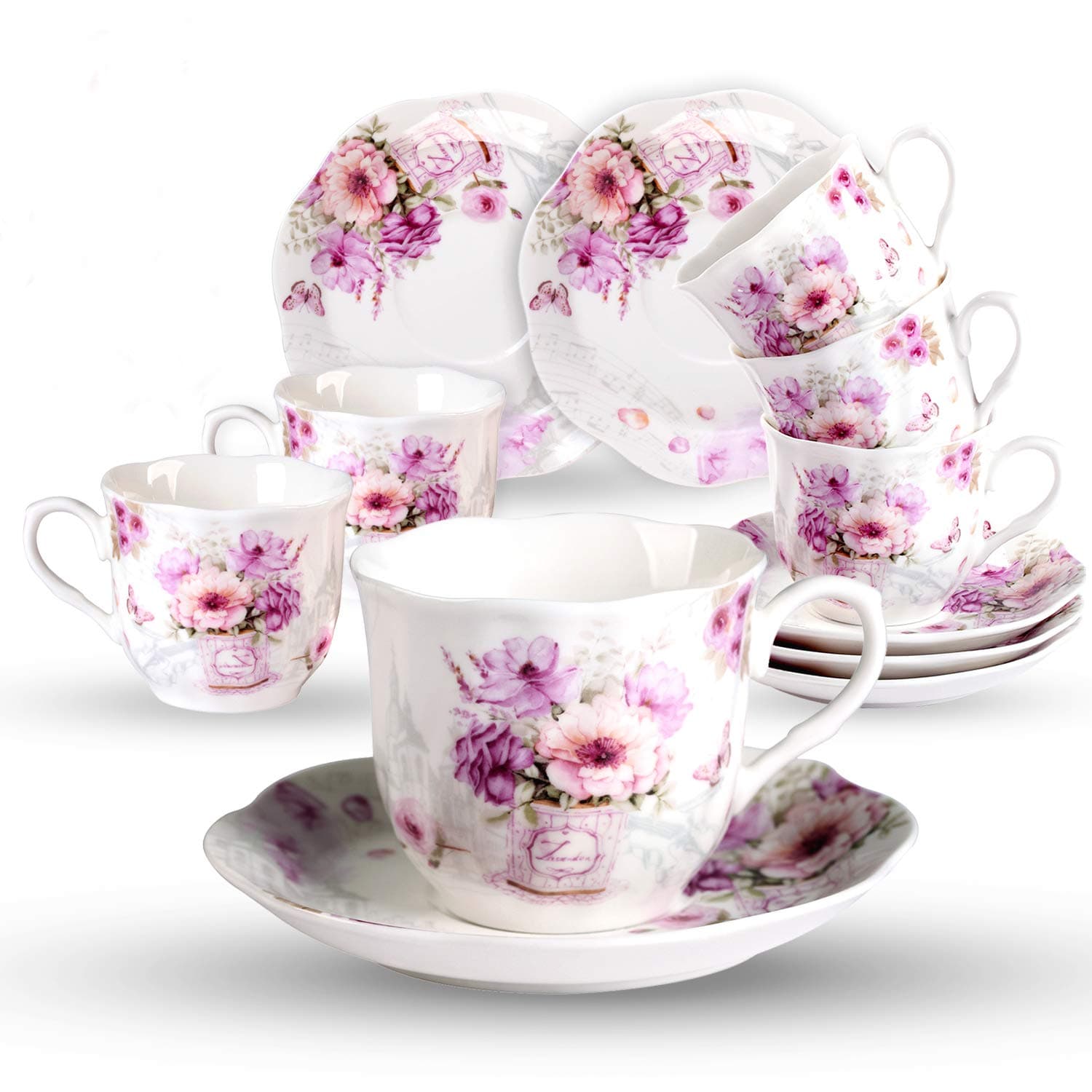 GuangYang Purple Floral Porcelain Tea Cups & Saucers Set of 6 (7oz) - Tea Gift for Adults