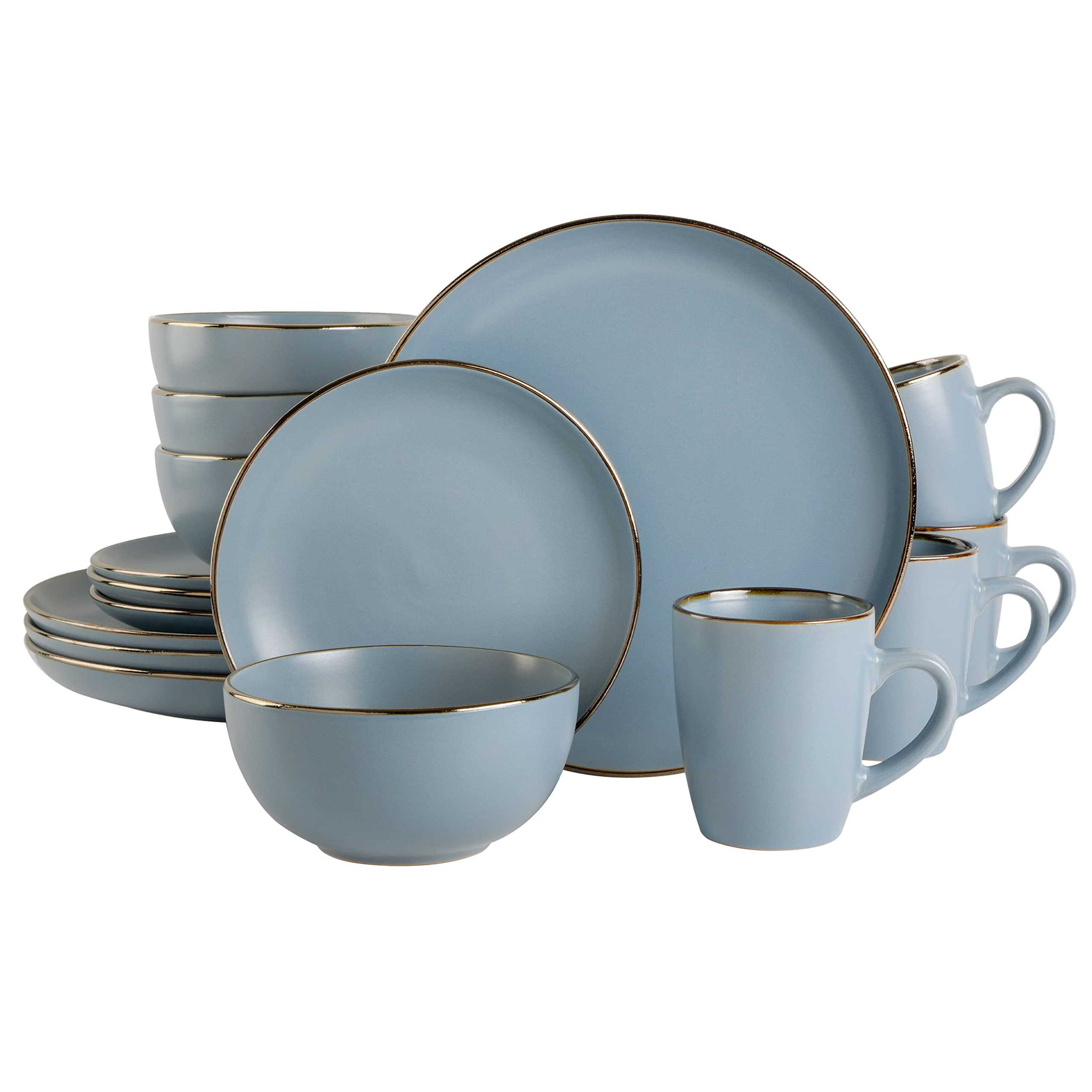 Gibson Home Rockaway Round Stoneware Dinnerware Set, Matte Blue (16pcs, Serves 4)