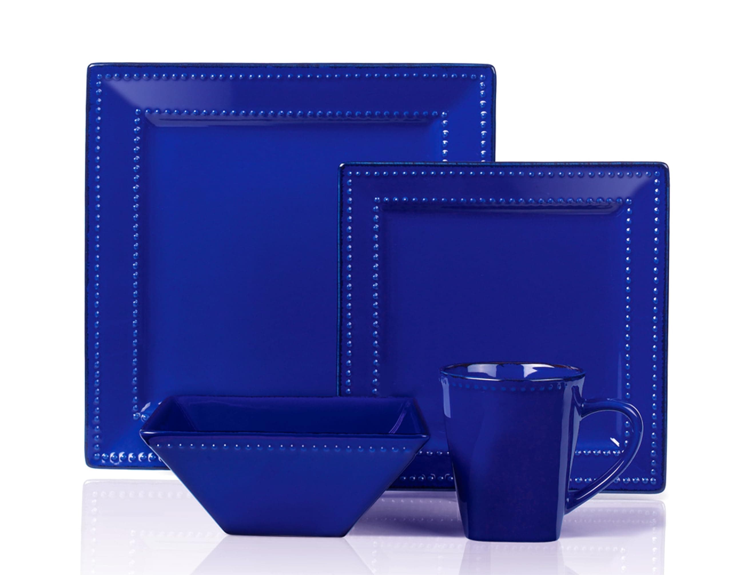 Square Beaded Stoneware Dinnerware Set, 16 Pieces, Blue