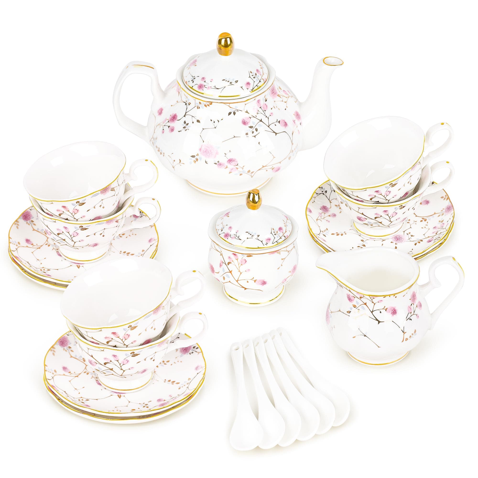 Fanquare 21-Piece Gold Floral Porcelain Tea Set for Tea Parties