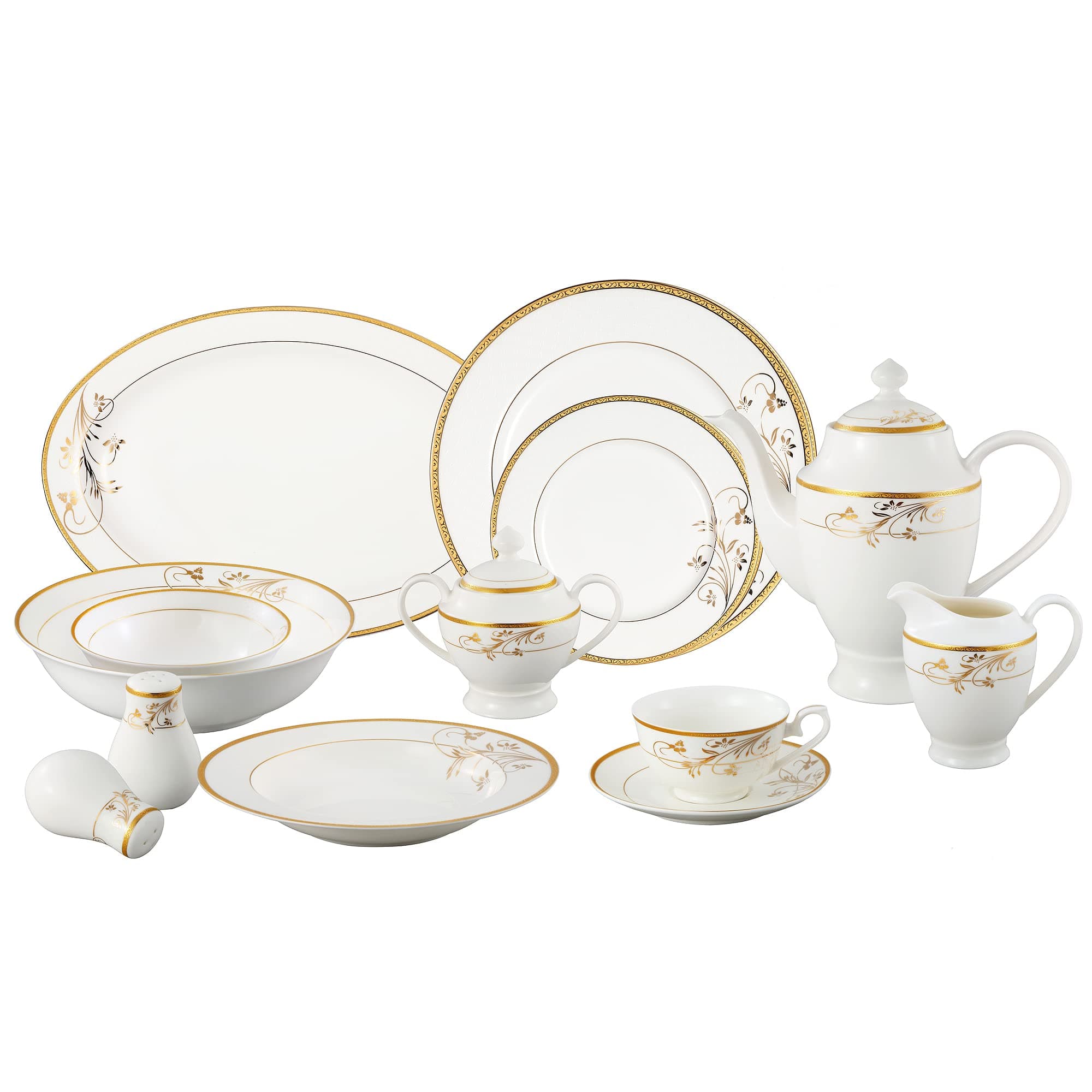 La Luna Bone China 57-Piece 24K Gold Floral Design Dinnerware Set for Service of 8
