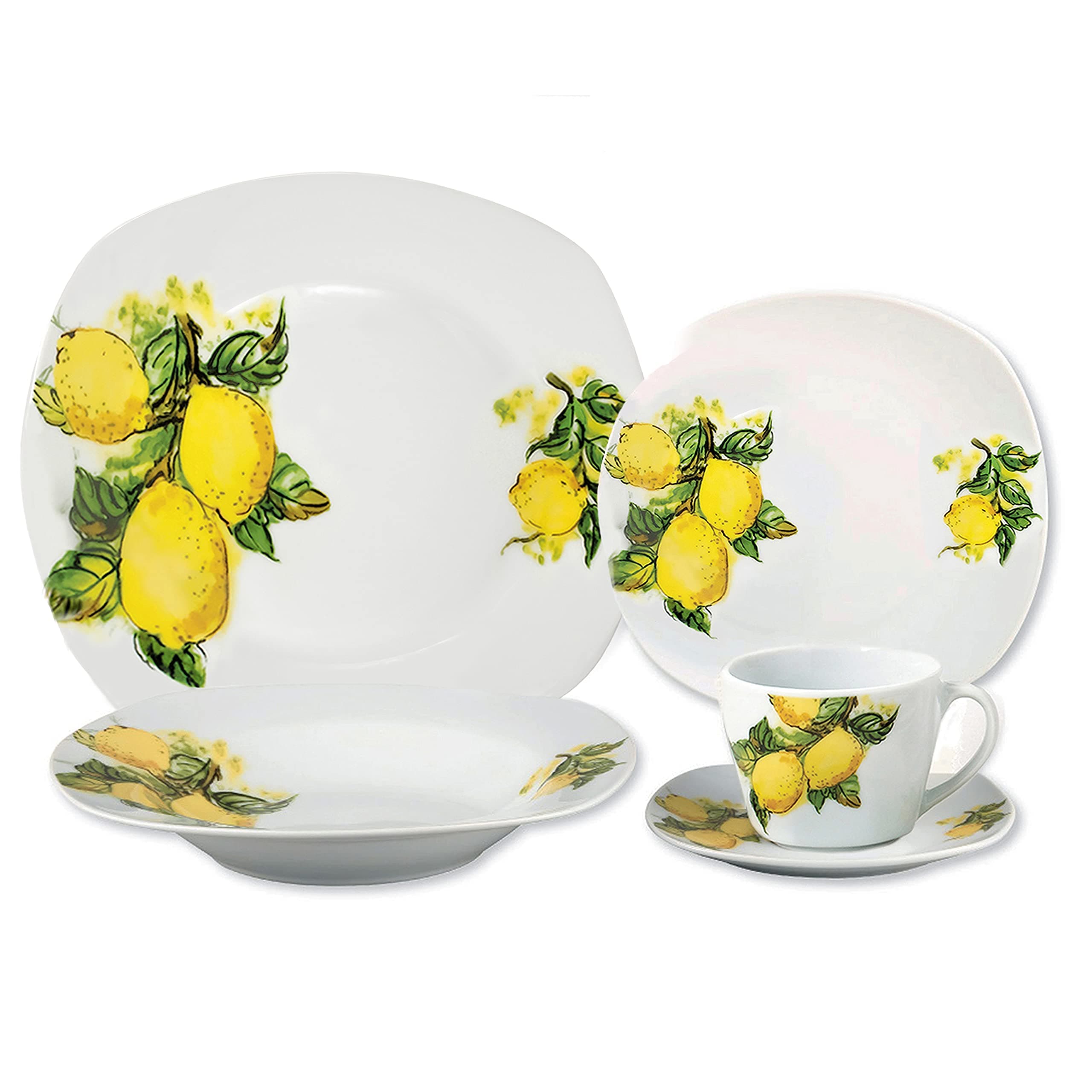 Lorren Home Trends Porcelain 20-Piece Square Dinnerware Set for 4 - Lemon Design, Yellow