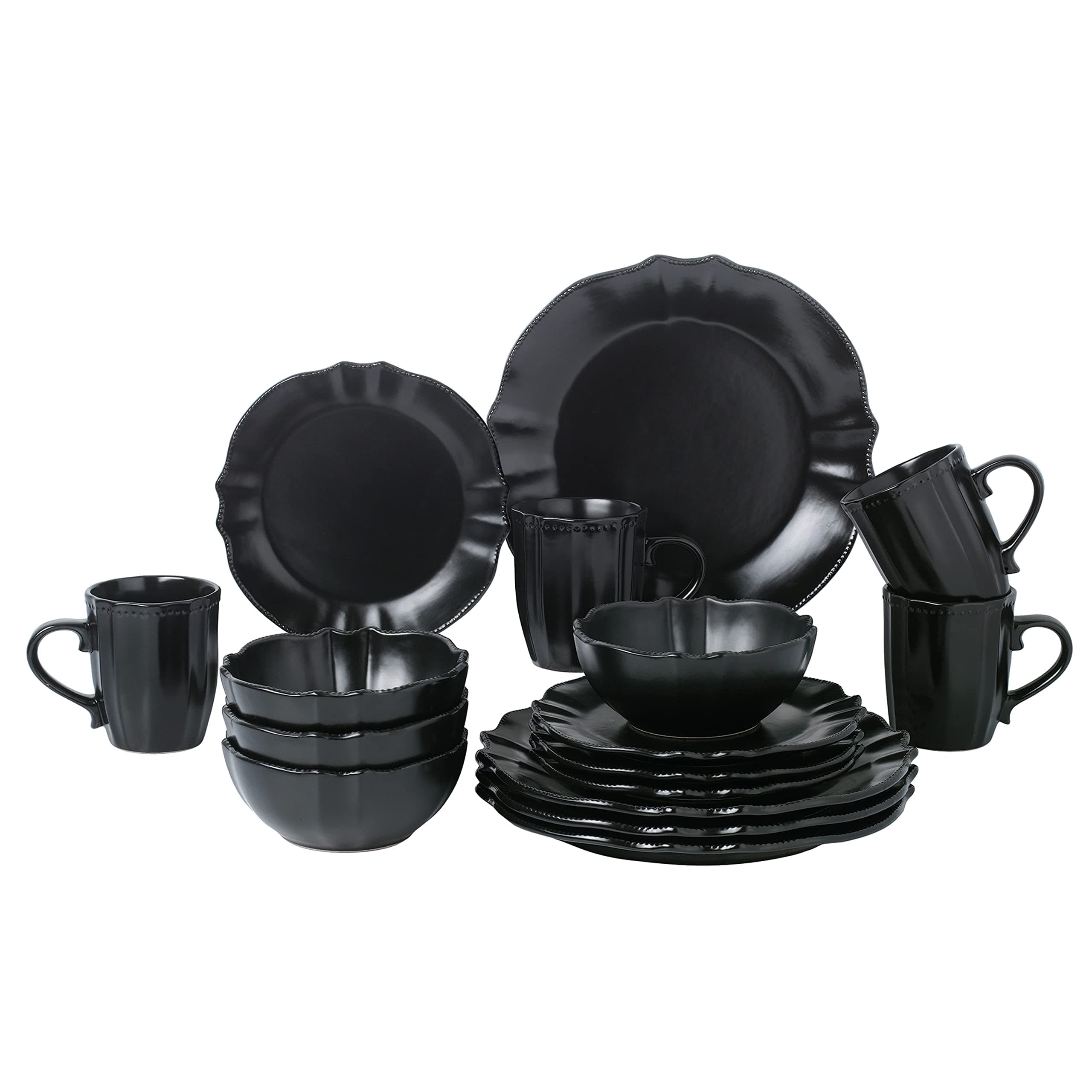 Lorren Home Trends 16 Piece Scalloped Edge Black Dinnerware, Medium