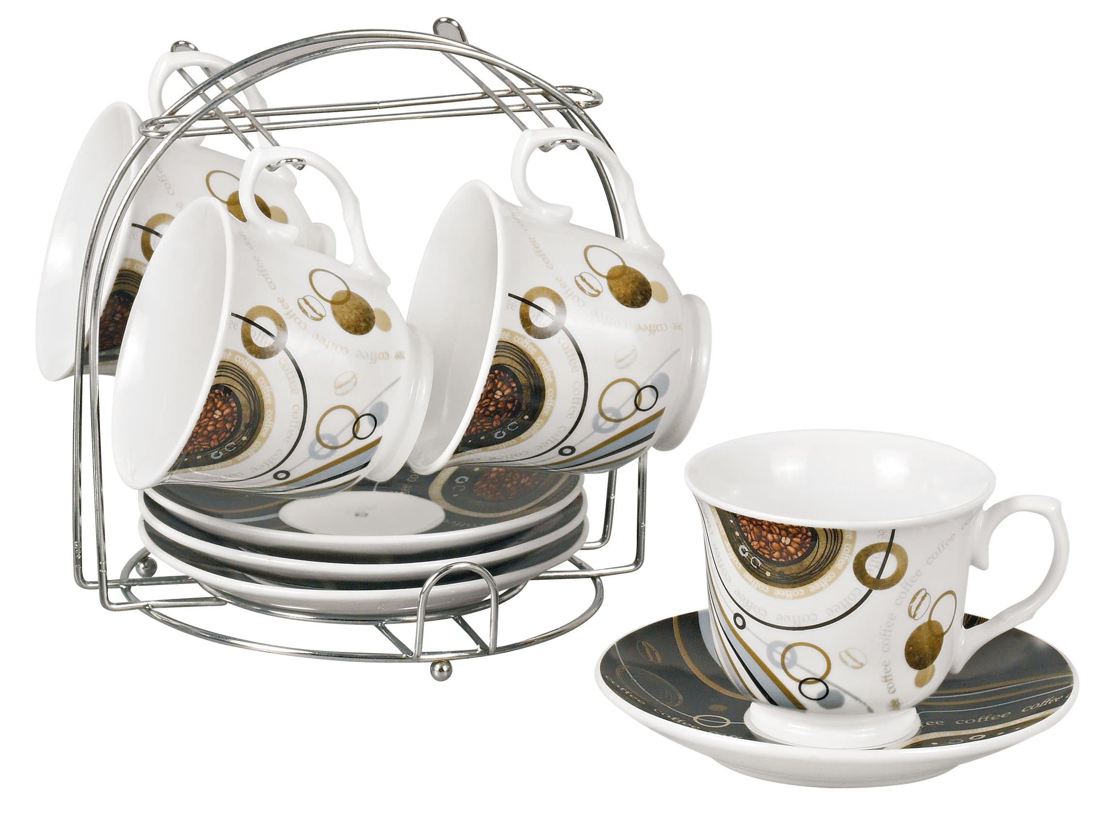 Coffee and Tea Set with Iron Stand, Coffee Bean Design, Neutral Black and Brown