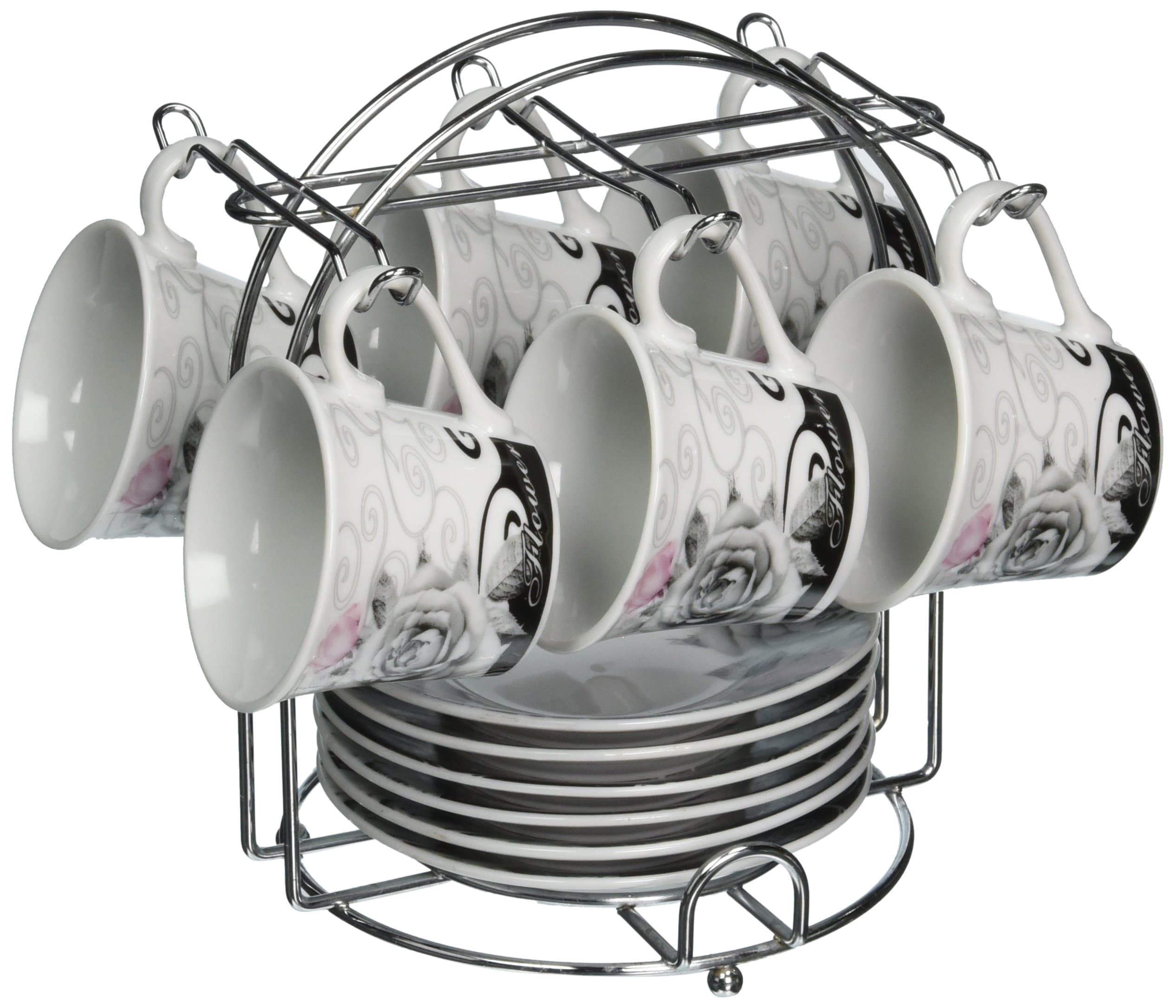 Lorren Home Trends 13-Piece Porcelain Espresso Coffee Cups, Black Rose Design