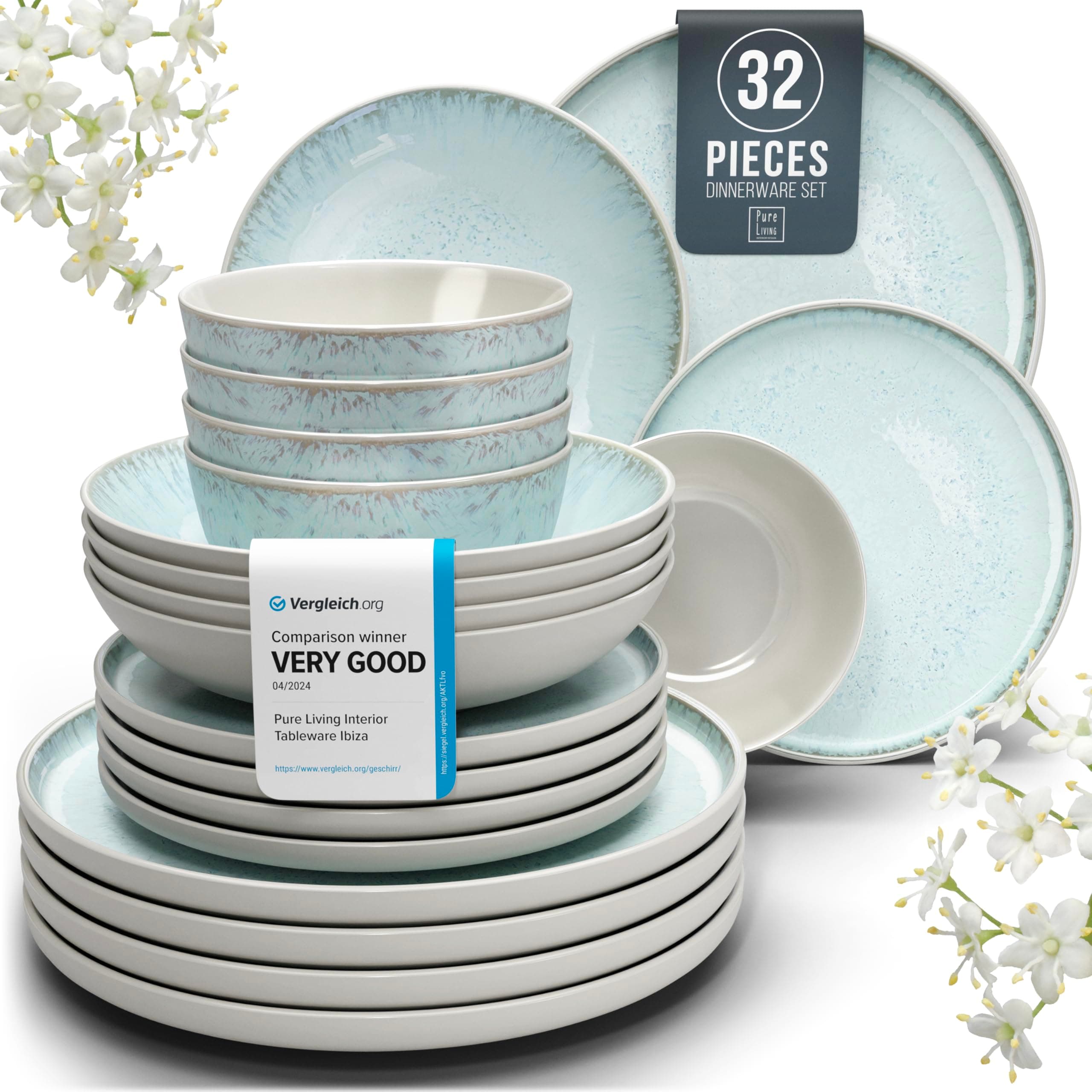 Modern Beige and Blue 32-Piece Stoneware Dinnerware Set - Scratch Resistant & Dishwasher Safe