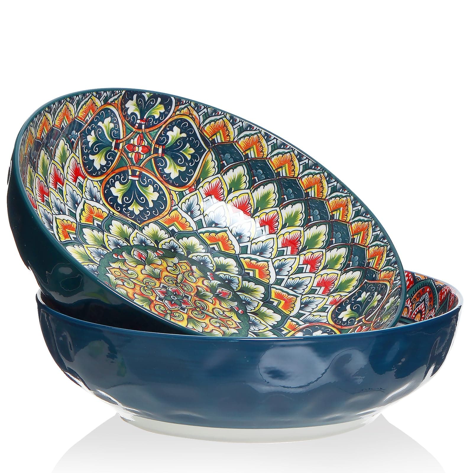 Colorful Bohemian Ceramic Pasta Bowl Set of 2, 10.2inch Serving Bowls