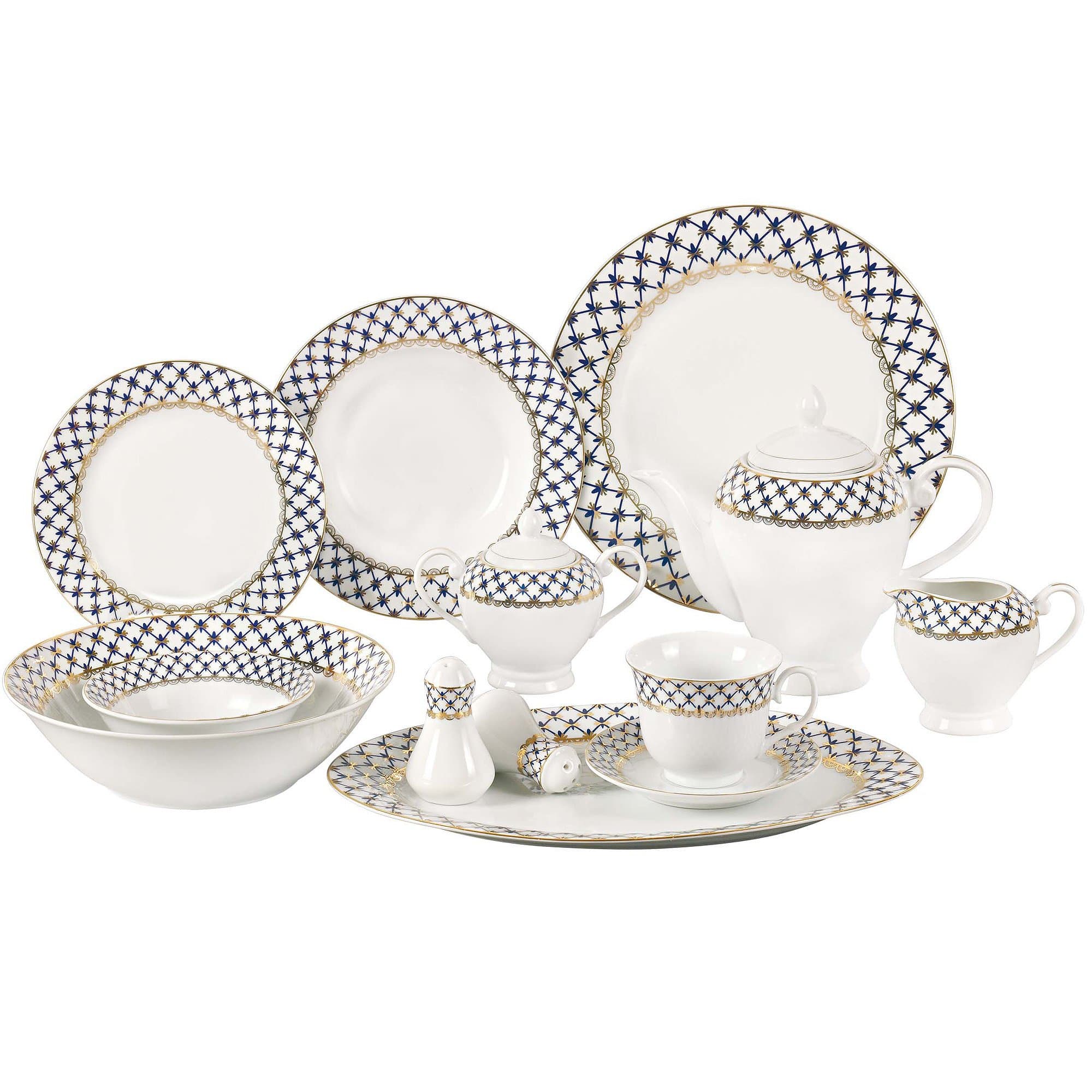 Lorren Home Trends 57-Piece Porcelain Dinnerware Set for 8, Cobalt Blue Lattice Border, Gold