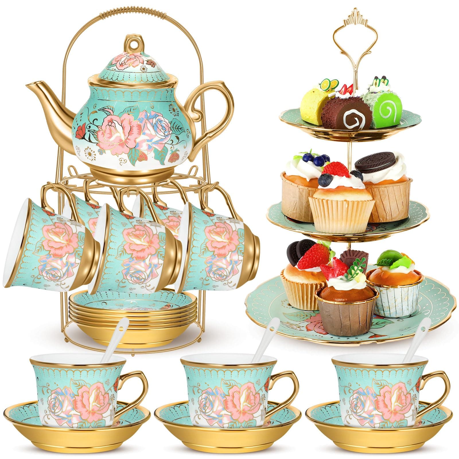 21pcs Green Porcelain Teapot Set Cupcake Stand Ceramic Tea Cups Saucers for Women Tea Parties Gifts